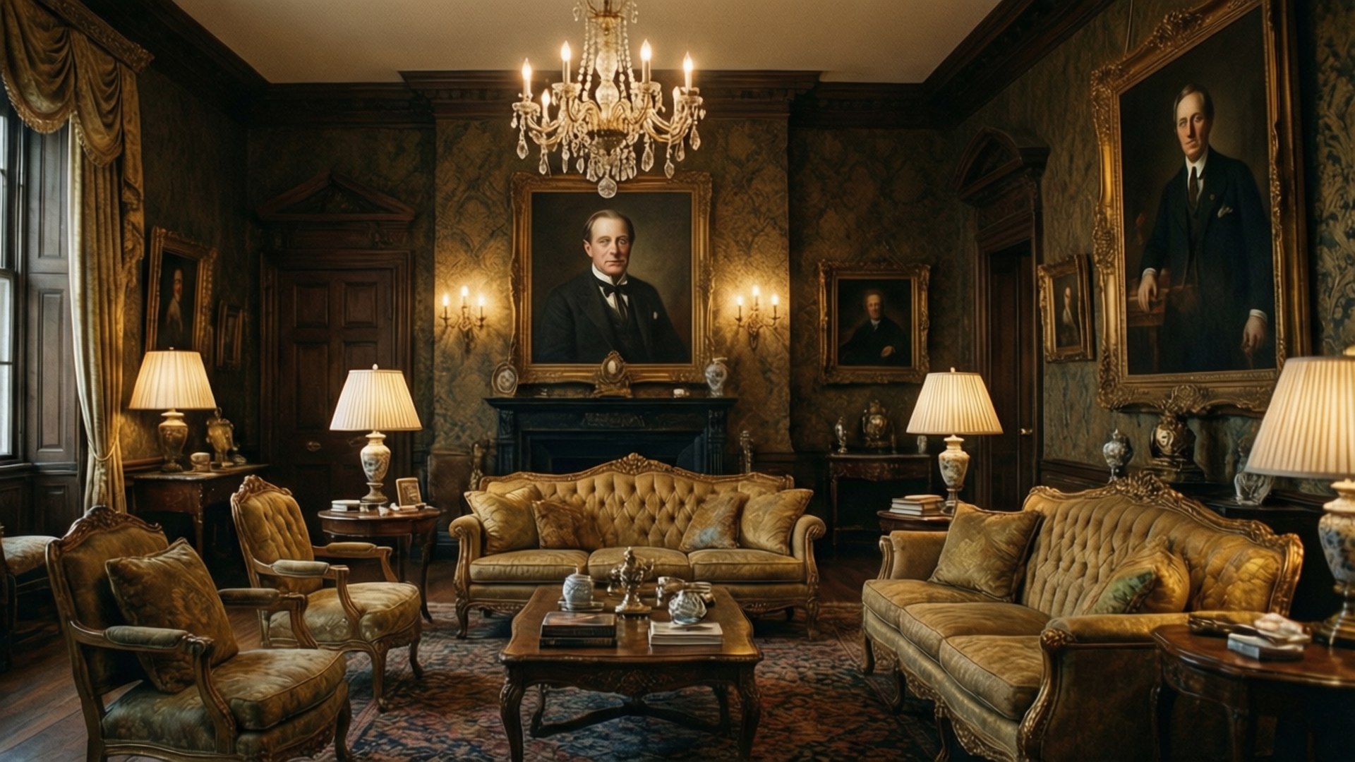 Pierce's Mansion 壁紙 — 一個宏偉華麗的客廳，配有鍍金家具、華麗木製品和肖像畫，下方是水晶吊燈。