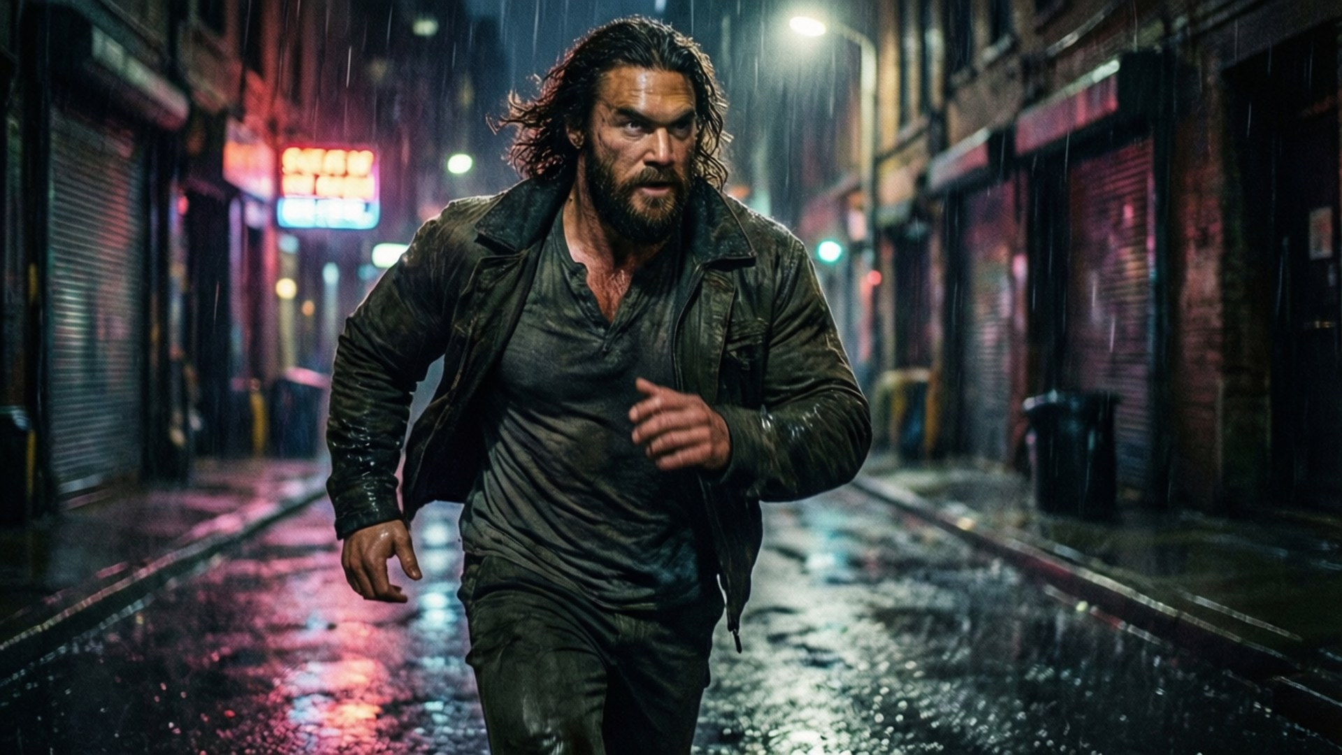 Cooper Running in Rain 壁紙 — 一個鬍鬚男穿著濕透的夾克在夜晚霓虹燈照亮的雨巷中狂奔。