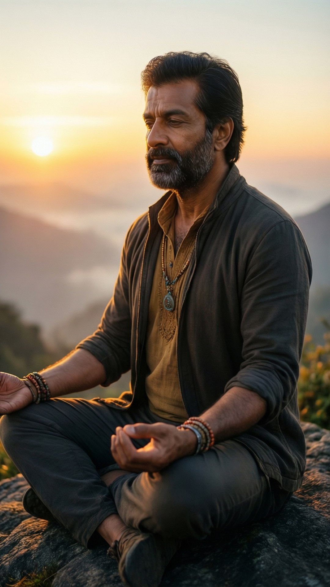 Mountain Meditation 壁紙 — 一個鬍鬚男盤腿坐在岩石山頂上冥想，太陽在霧氣繚繞的山峰後升起。