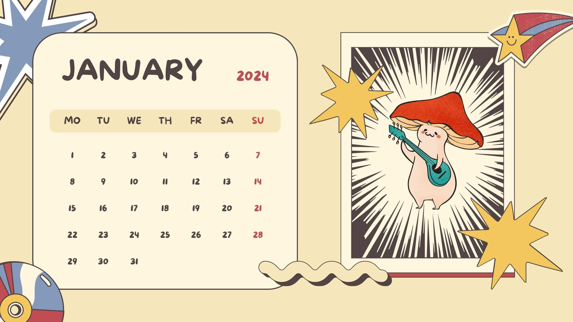  壁紙 — 一個歡樂的2024年1月日曆旁邊有一個卡通蘑菇在彈吉他，伴有星爆和節日裝飾。