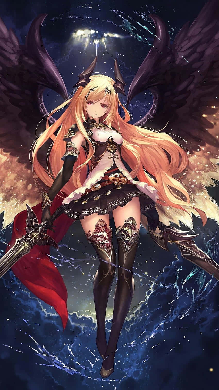  壁紙 — 一個幻想動漫女孩，長著橙色長髮和黑色翅膀，在宇宙星空背景下持劍站立。