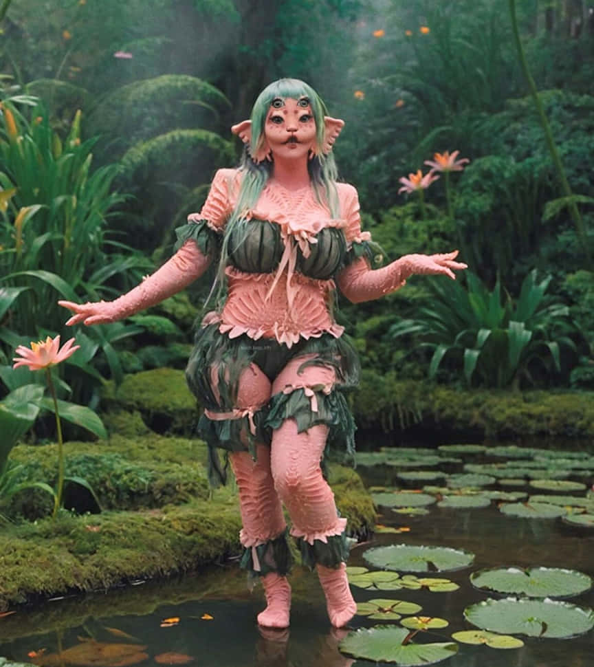  壁紙 — 一個幻想生物，擁有綠色頭髮和葉子般的服飾，優雅地站在霧氣瀰漫的池塘中，周圍是茂密的叢林葉子和睡蓮。