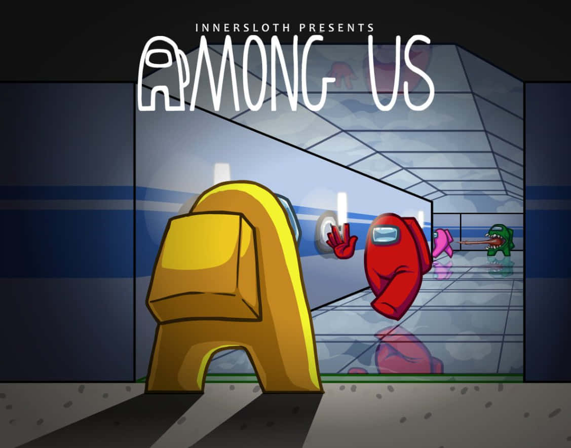 Among Us 遊戲場景：黃色船員、揮手的紅色船員，以及太空船走廊中的綠色冒名頂替者。 — Among US 壁紙