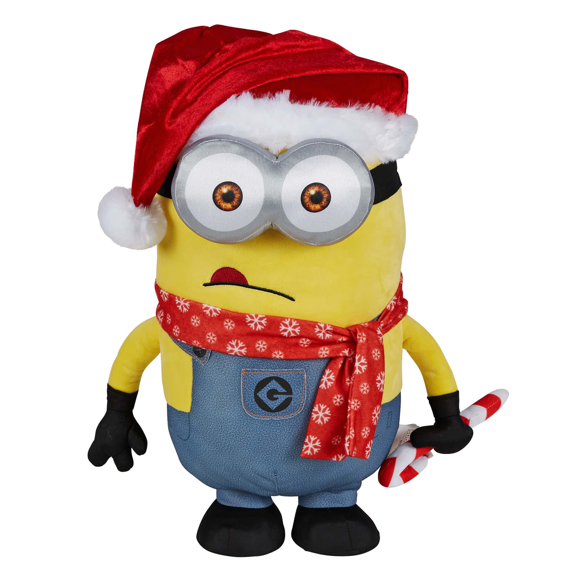  壁紙 — 一個黃色絨毛Minion戴著紅色聖誕帽、雪花圍巾，並在白色背景前手持拐杖糖。