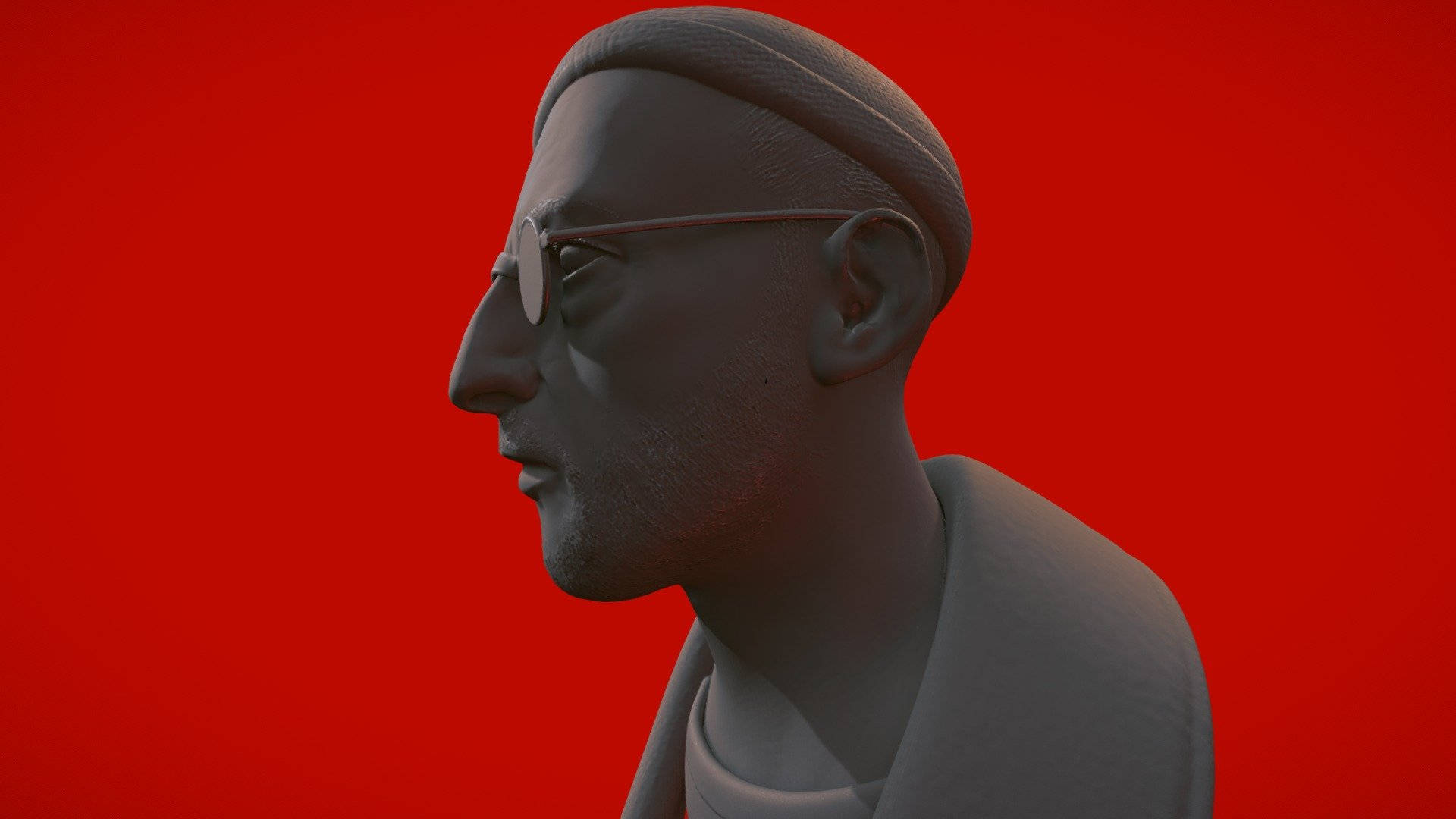 灰色3D渲染的戴眼鏡男性側面輪廓，背景為紅色。 — 3D 壁紙