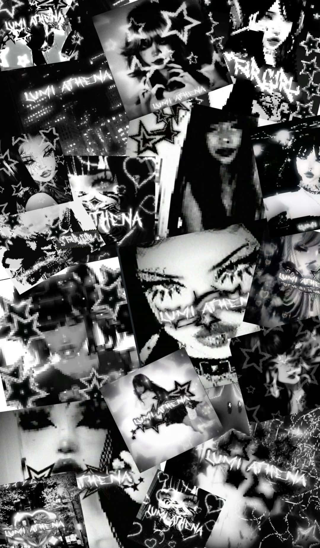  壁紙 — 一個混亂的黑白拼貼畫，包含扭曲的動漫女孩面孔和星星圖案，帶有故障文字疊加。