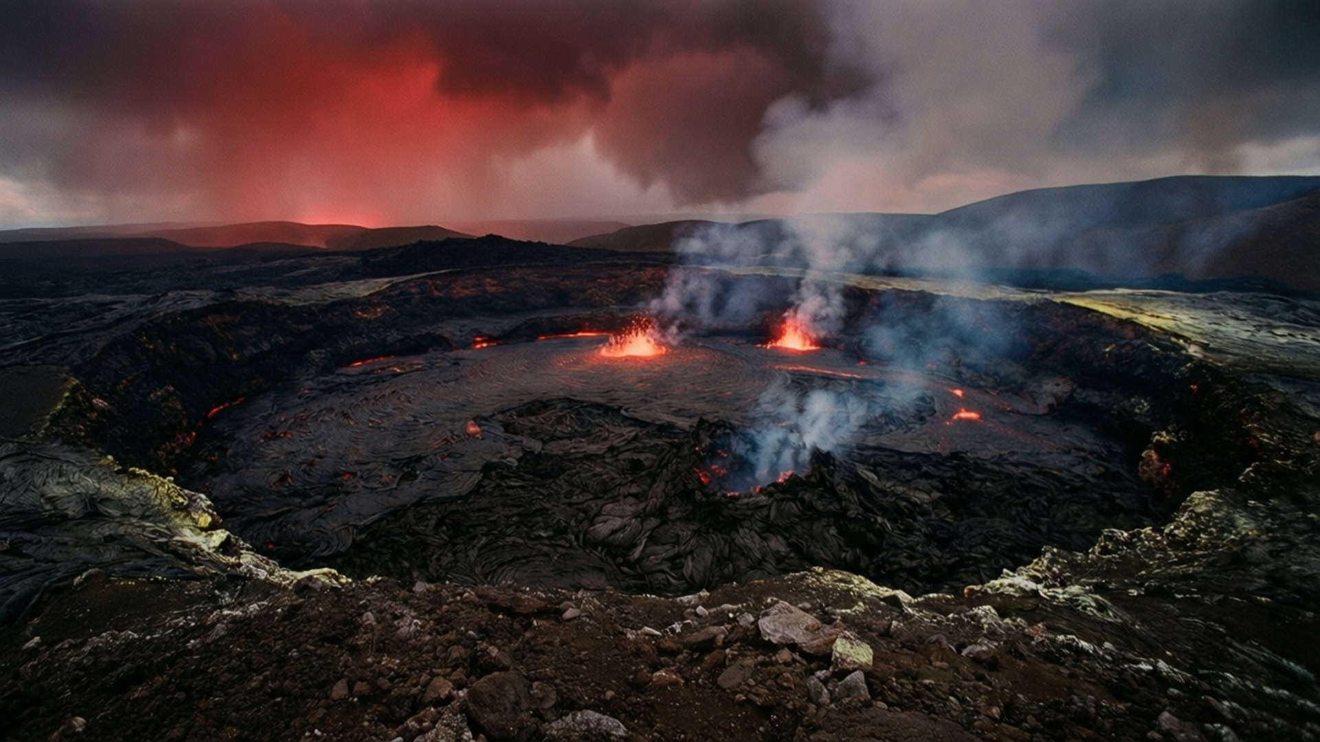 展望 桌布 壁紙 — 一個火山口在戲劇性的紅色和灰色天空下，散發著熾熱的熔岩噴發的光芒。