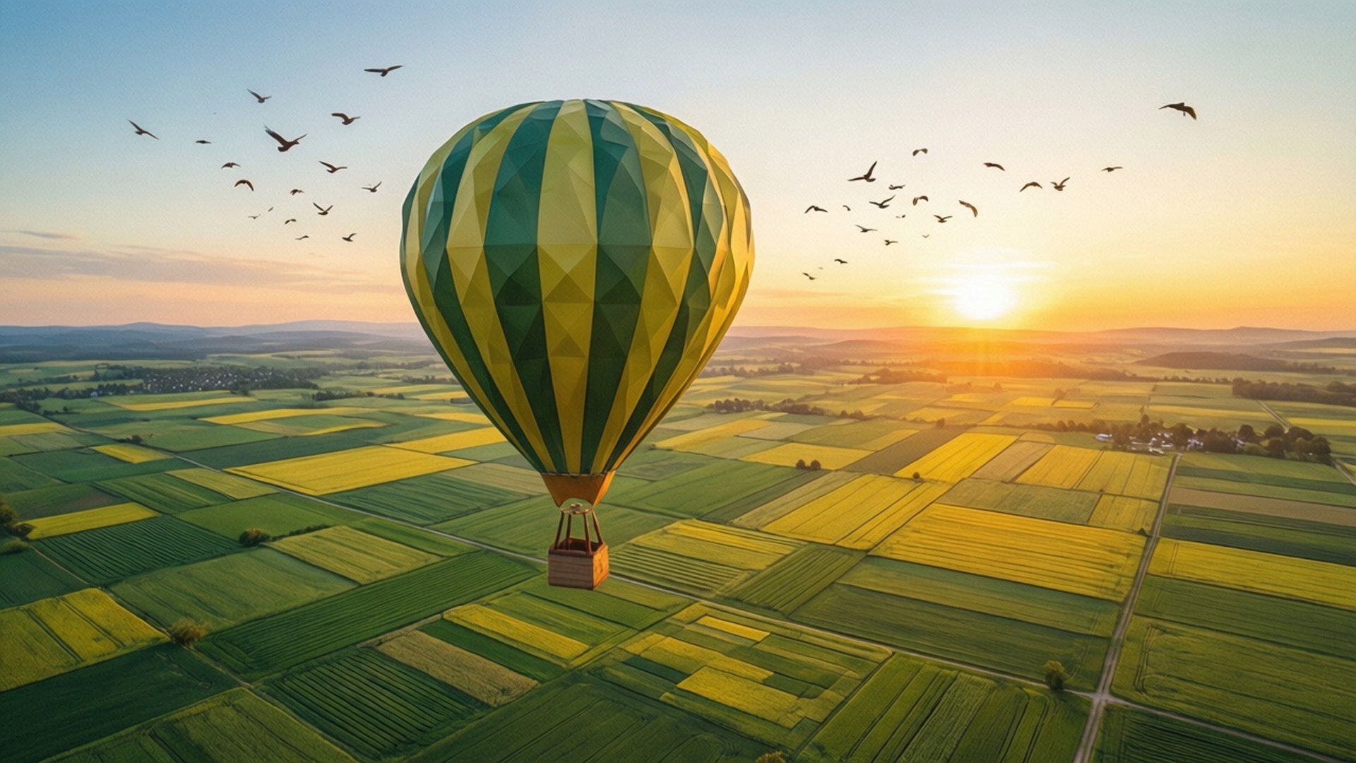 Balloon Sunrise 壁紙 — 一個幾何圖案的綠色和黃色熱氣球在金色日出中飄浮在拼布般的田野上空，鳥兒飛翔。