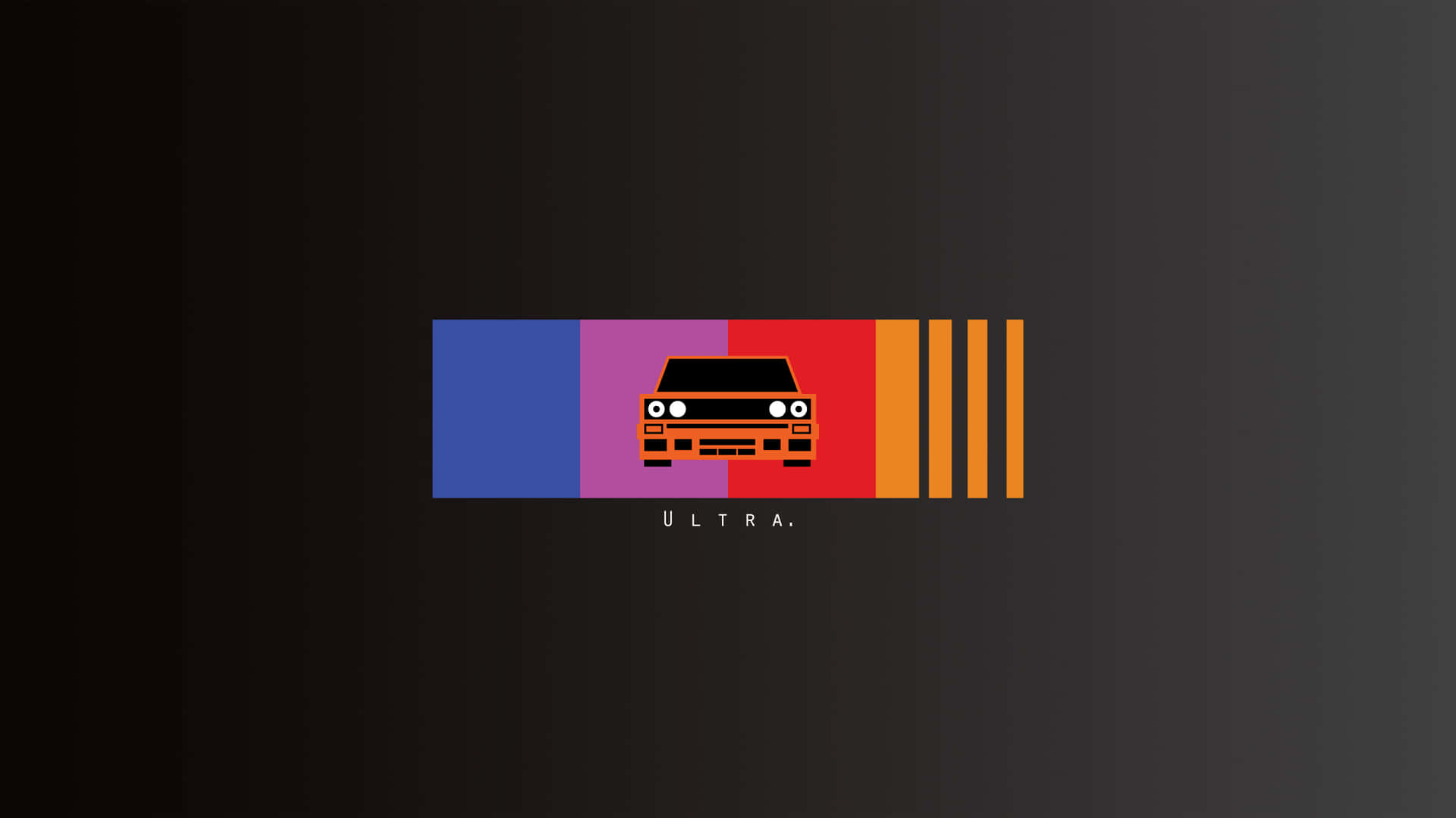 Frank Ocean Aesthetic 桌布 壁紙 — 一個極簡的橙色汽車圖示，居中放置在色彩繽紛的幾何圖形區塊上，背景為深色漸層。