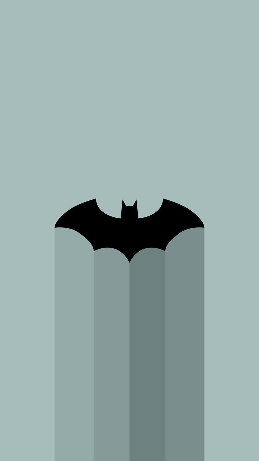 Shadow Of The Bat 桌布 壁紙 — 一個極簡的黑色蝙蝠標誌，棲息在風格化的灰色摩天大樓頂端，背景是柔和的青綠色。