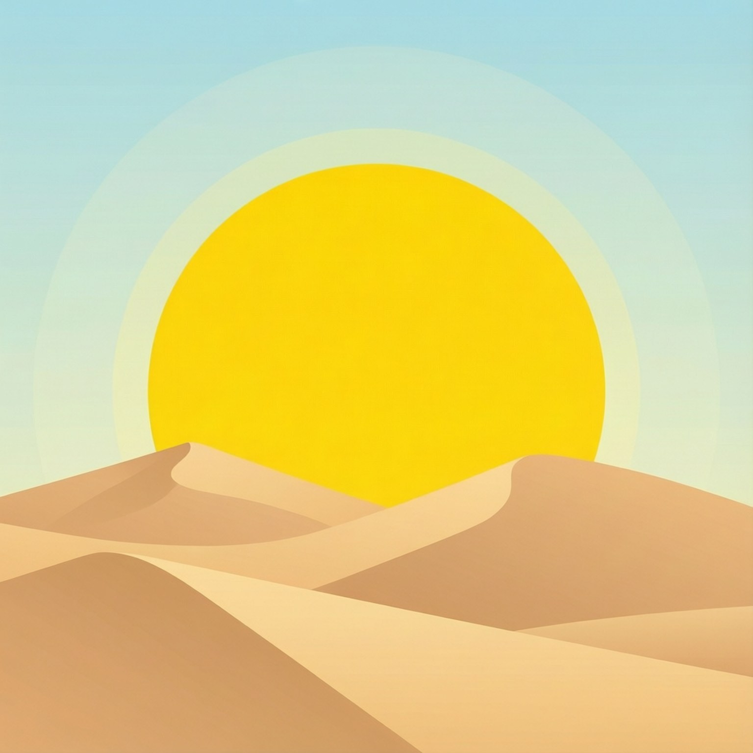 Minimalist Sun Dunes 壁紙 — 一個極簡的沙漠場景，有起伏的沙丘，上方是巨大的黃色太陽和柔和漸變的天空。