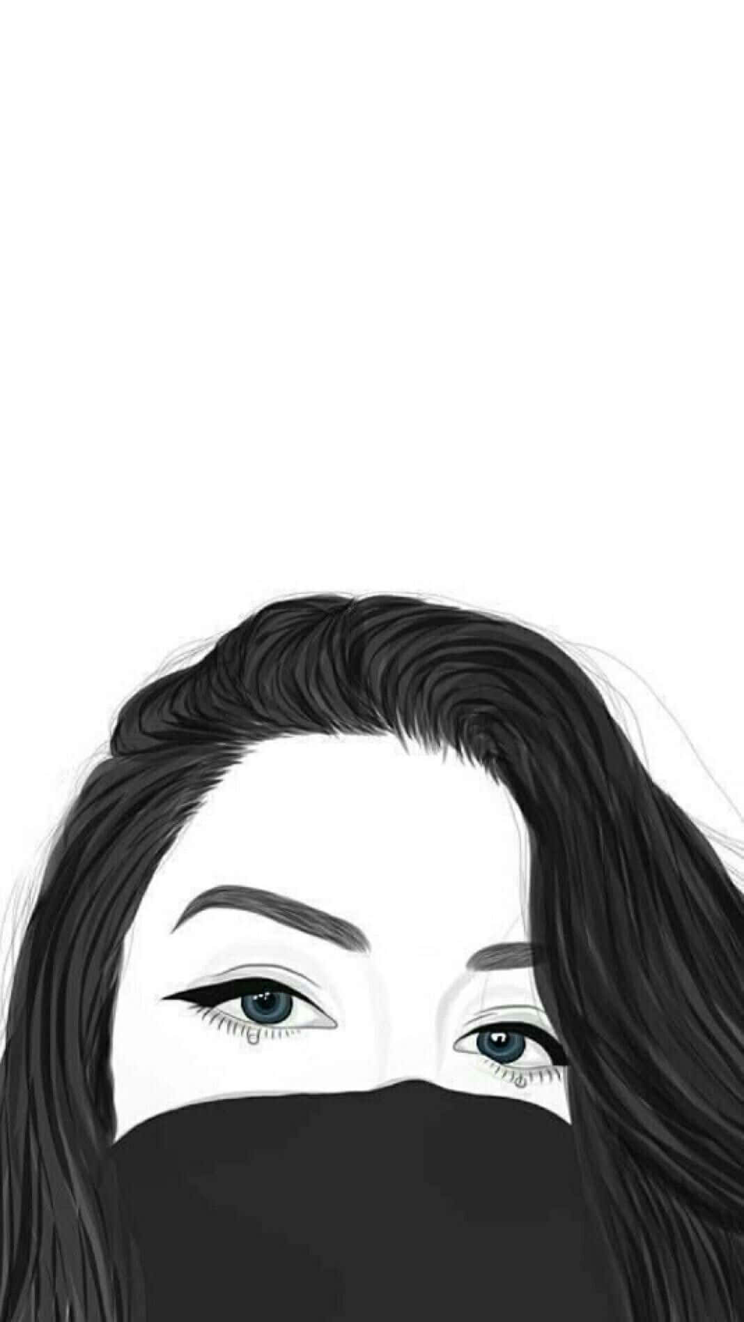  壁紙 — 一個極簡的數位插圖，描繪一位女性的眼睛和深色頭髮從黑色口罩下窺視，背景為純白色。