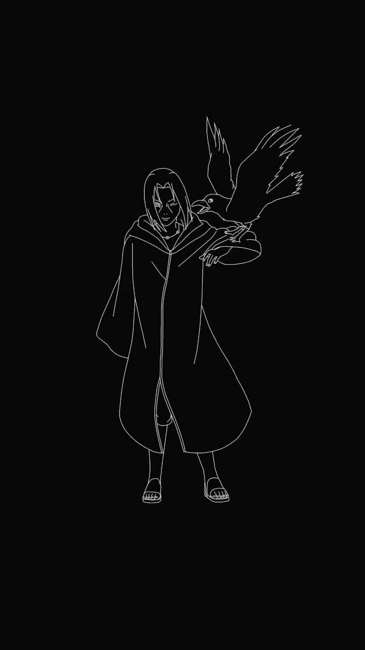  壁紙 — 一個極簡風格的白色線條畫，描繪一個披著斗篷的人物，肩上棲息著一隻鳥，背景為純黑色。