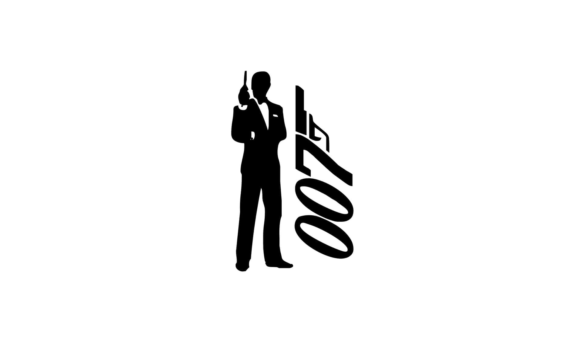 壁紙 — 一個極簡風格的黑色剪影，描繪一名西裝男子手持槍枝，旁邊有風格化建築物和咖啡杯。