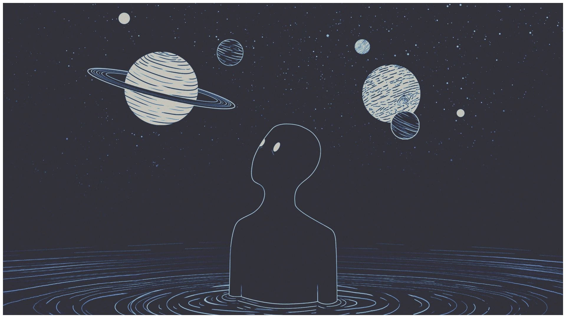 一個人在水中仰望黑暗天空中的行星和星星。 — Chromebook 壁紙