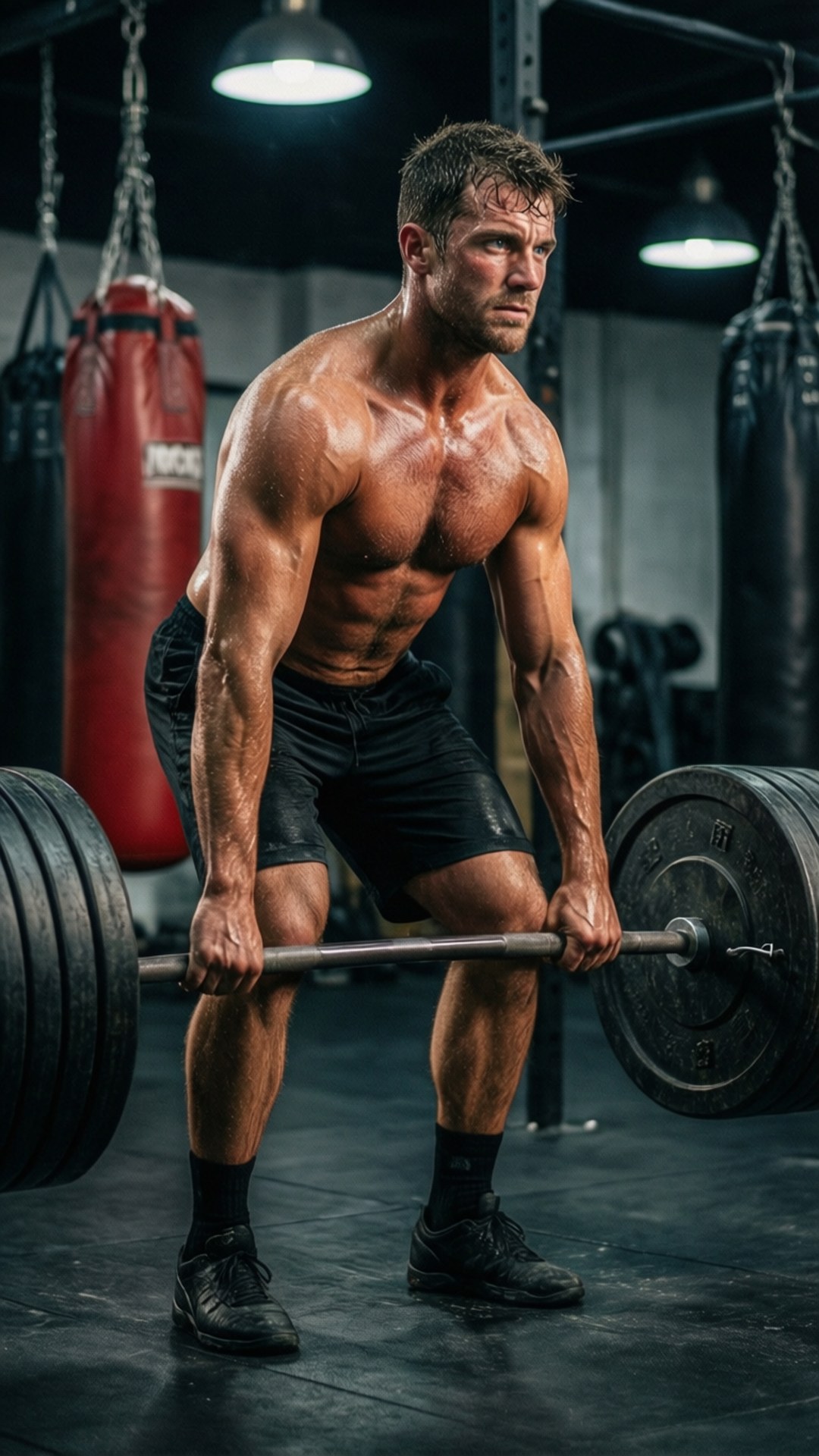 Skips the Strongman 壁紙 — 一個肌肉發達、赤裸上身的男人在燈光昏暗的健身房裡握著一根沉重的槓鈴，背景掛著紅色沙包。
