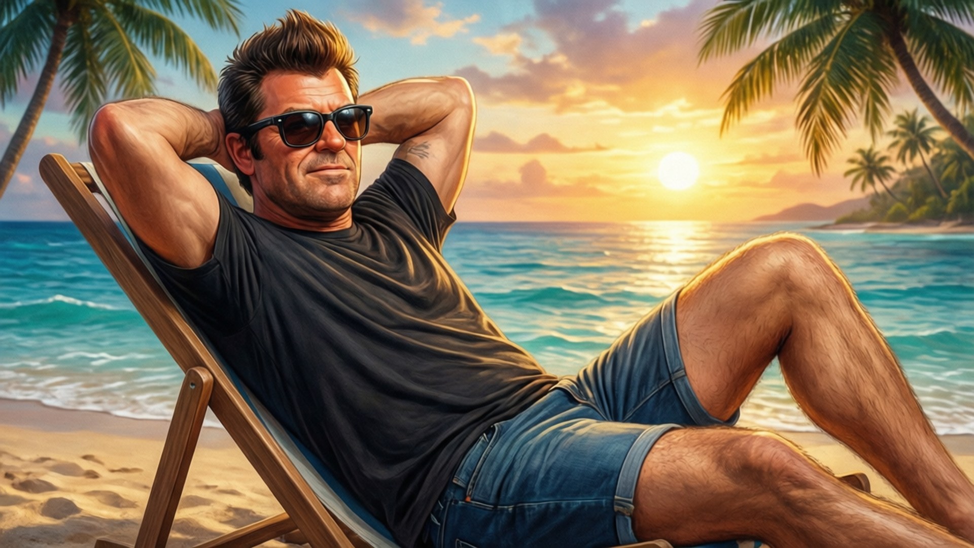 Johnny Bravo Beach Day 壁紙 — 一個肌肉發達、戴著太陽眼鏡的男人躺在沙灘椅上，夕陽映照在碧綠的海水和棕櫚樹上。