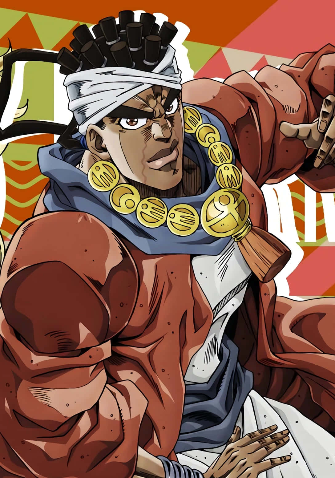 Muhammad Avdol 桌布 壁紙 — 一個肌肉發達的動漫角色，戴著白色頭帶和金幣項鍊，在色彩繽紛的幾何背景前擺出兇猛的姿勢。