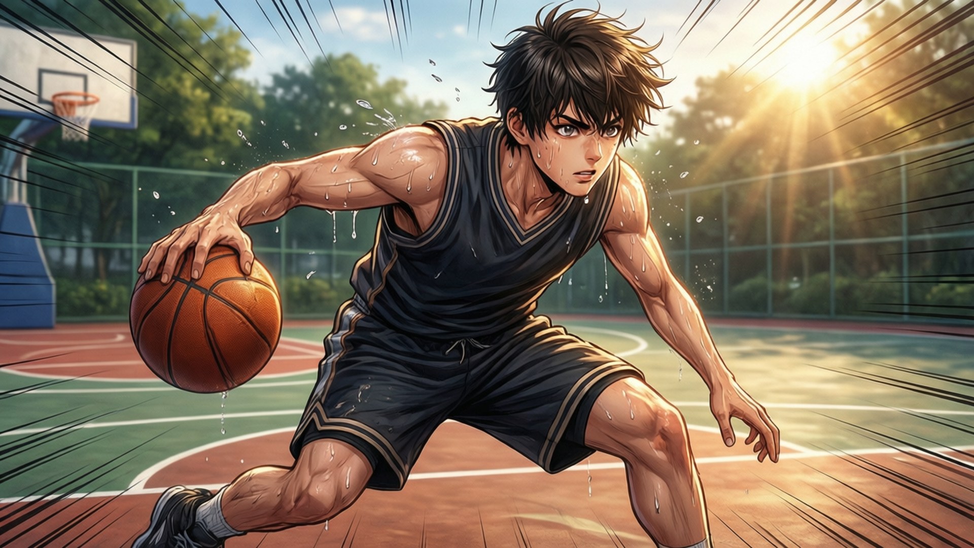 Kou on Court 壁紙 — 一個肌肉發達的動漫籃球運動員在戶外球場上激烈運球，陽光穿過他身後的樹木照射進來。