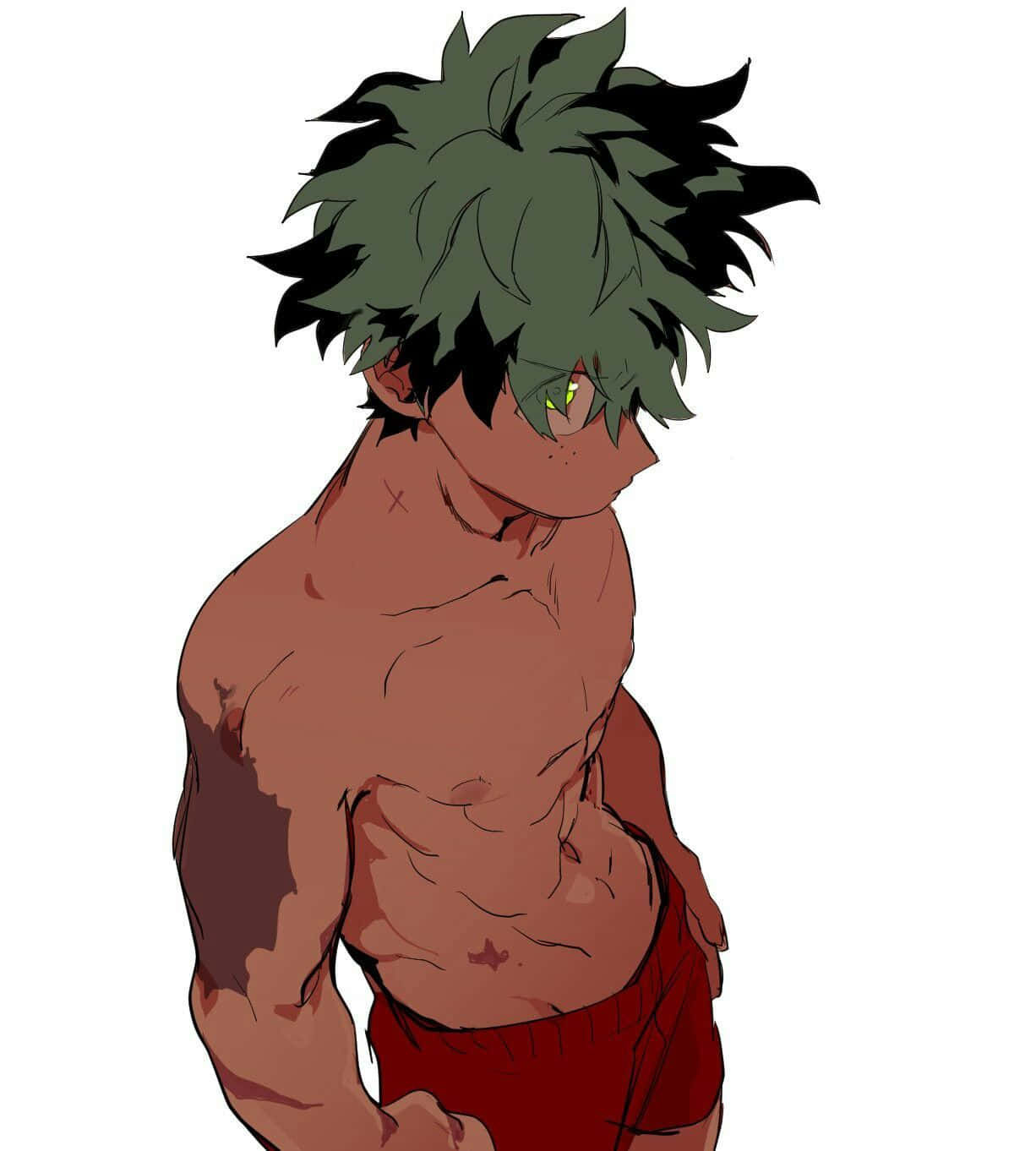  壁紙 — 一個肌肉發達的動漫男孩，擁有尖刺的綠色頭髮和發光的綠色眼睛，赤裸上身站在白色背景前。