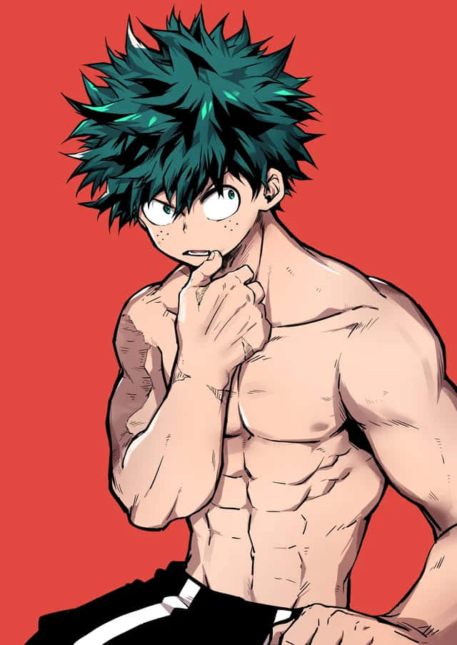  壁紙 — 一個肌肉發達的動漫男孩，有著尖尖的綠色頭髮和大眼睛，赤裸上身，在純紅色背景前擺姿勢。
