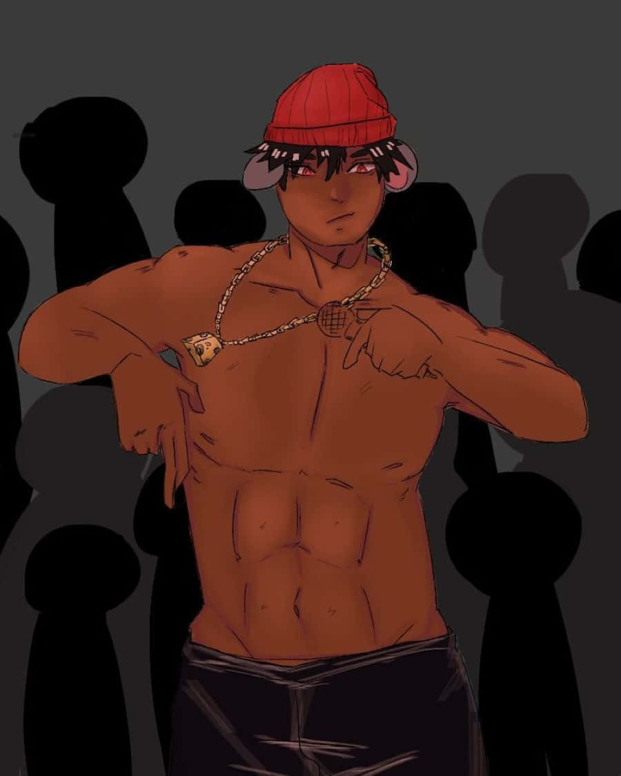  壁紙 — 一個肌肉發達的動漫男人，戴著紅色無邊帽和金色鏈條，自信地指著自己的胸口，背景是一群黑暗的剪影。