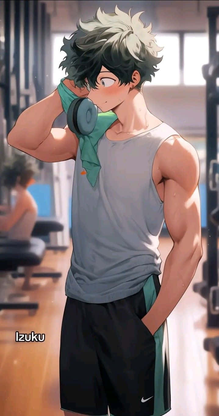  壁紙 — 一個肌肉發達的動漫男人，有著尖刺的綠色頭髮，在陽光普照的健身房裡將啞鈴放在肩上休息。