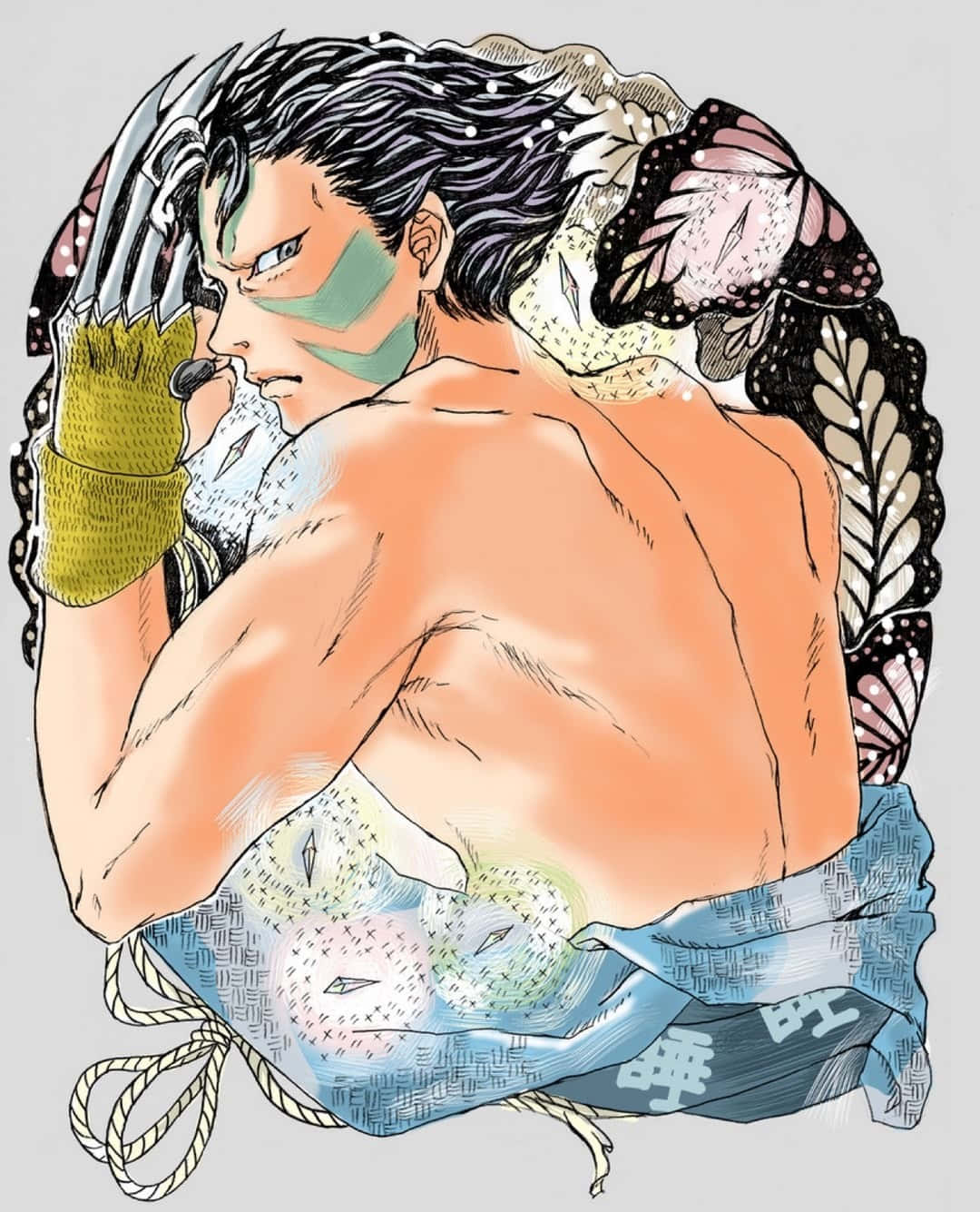  壁紙 — 一個肌肉發達的動漫男子，臉上塗有綠色顏料，背有蝴蝶翅膀，將一隻帶爪的護手套放在耳邊。