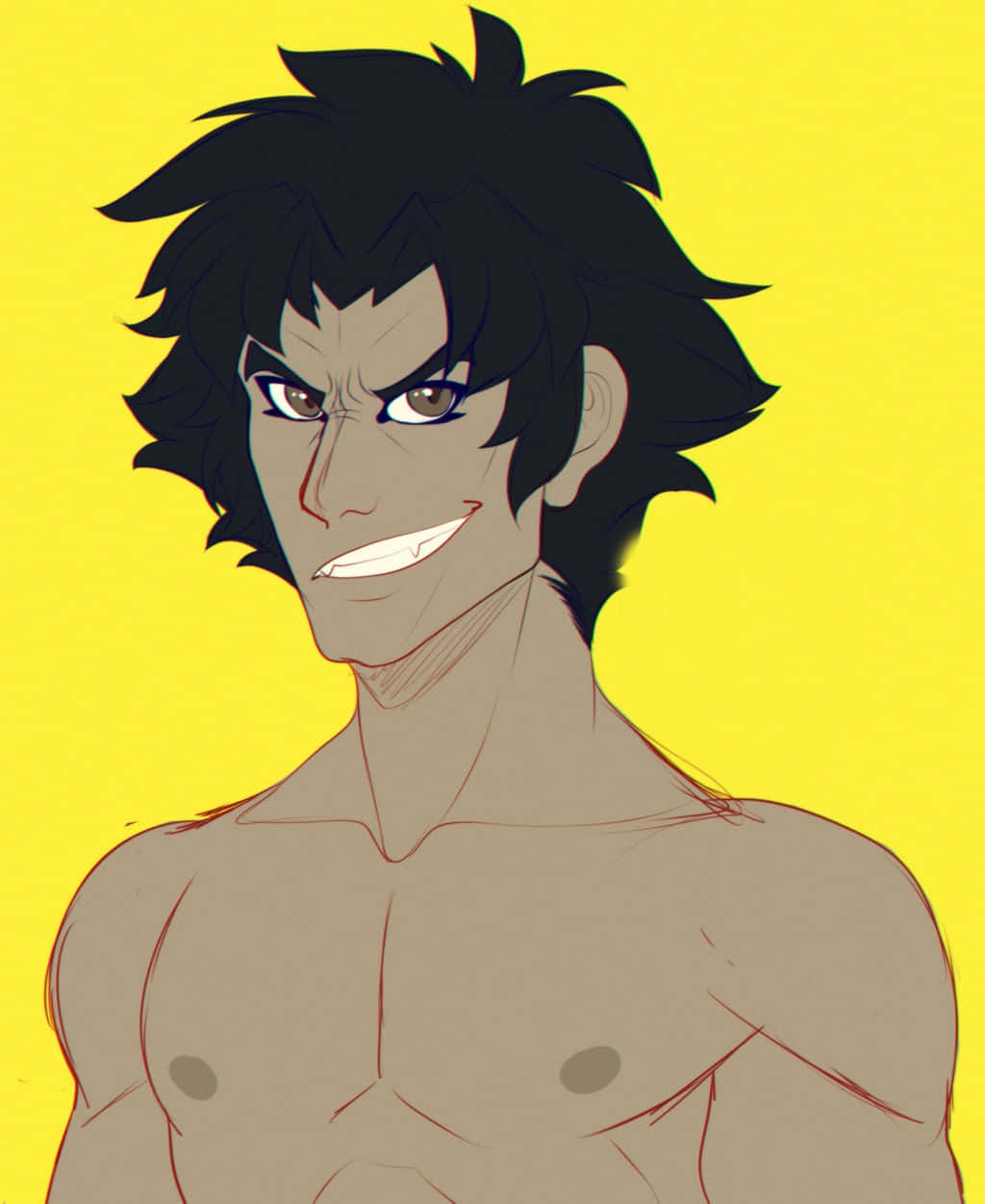Devilman Crybaby Akira 桌布 壁紙 — 一個肌肉發達的動漫男子，擁有狂野的黑髮和兇猛的笑容，背景是明亮的黃色。