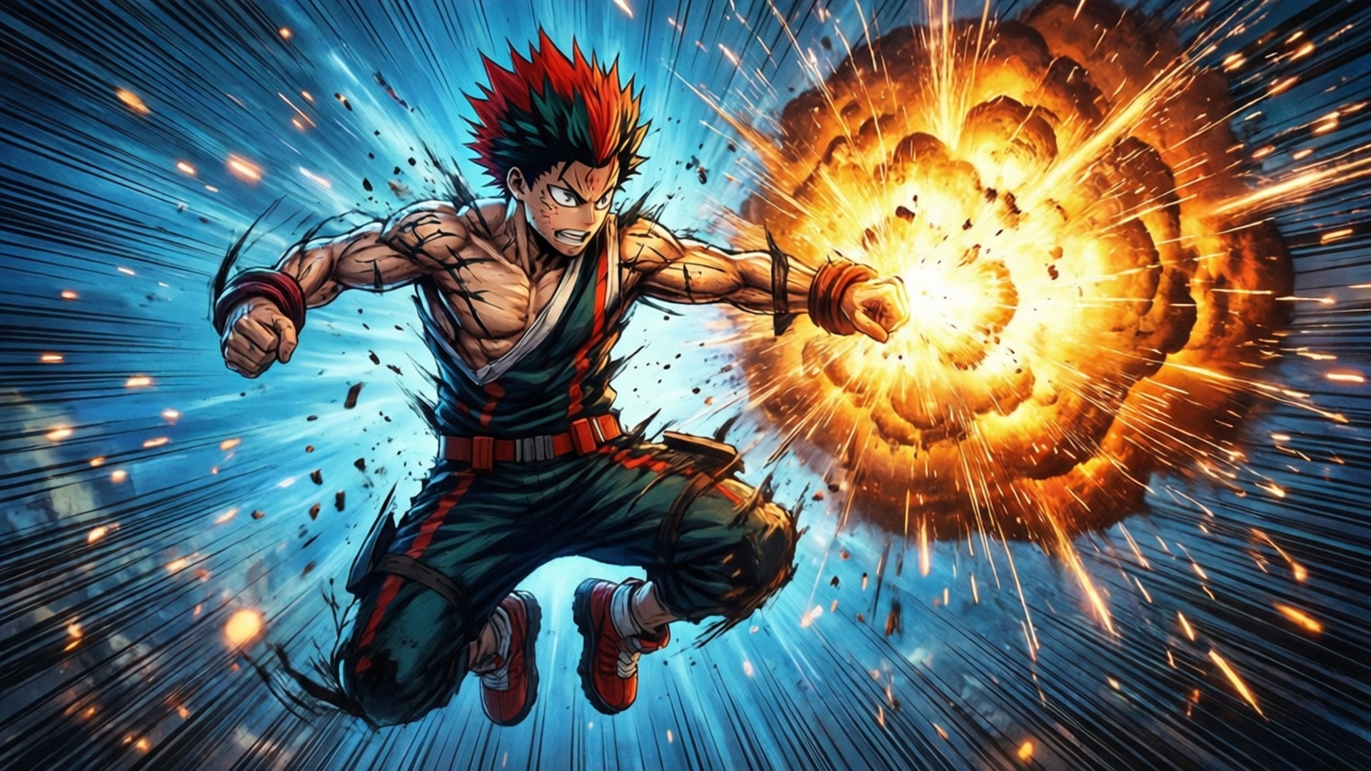 Bakugou Explosion Leap 壁紙 — 一個肌肉發達的動漫英雄，擁有紅色和綠色頭髮，對著藍色條紋背景從拳頭釋放出火焰爆炸。