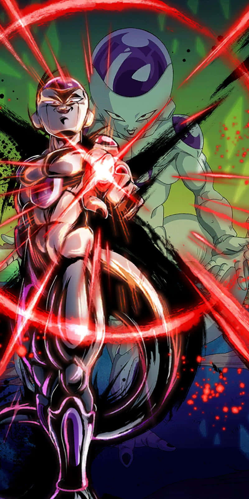  壁紙 — 一個肌肉發達的動漫戰士，在對抗綠色皮膚的外星敵人時，以動態戰鬥姿勢引導紅色能量。