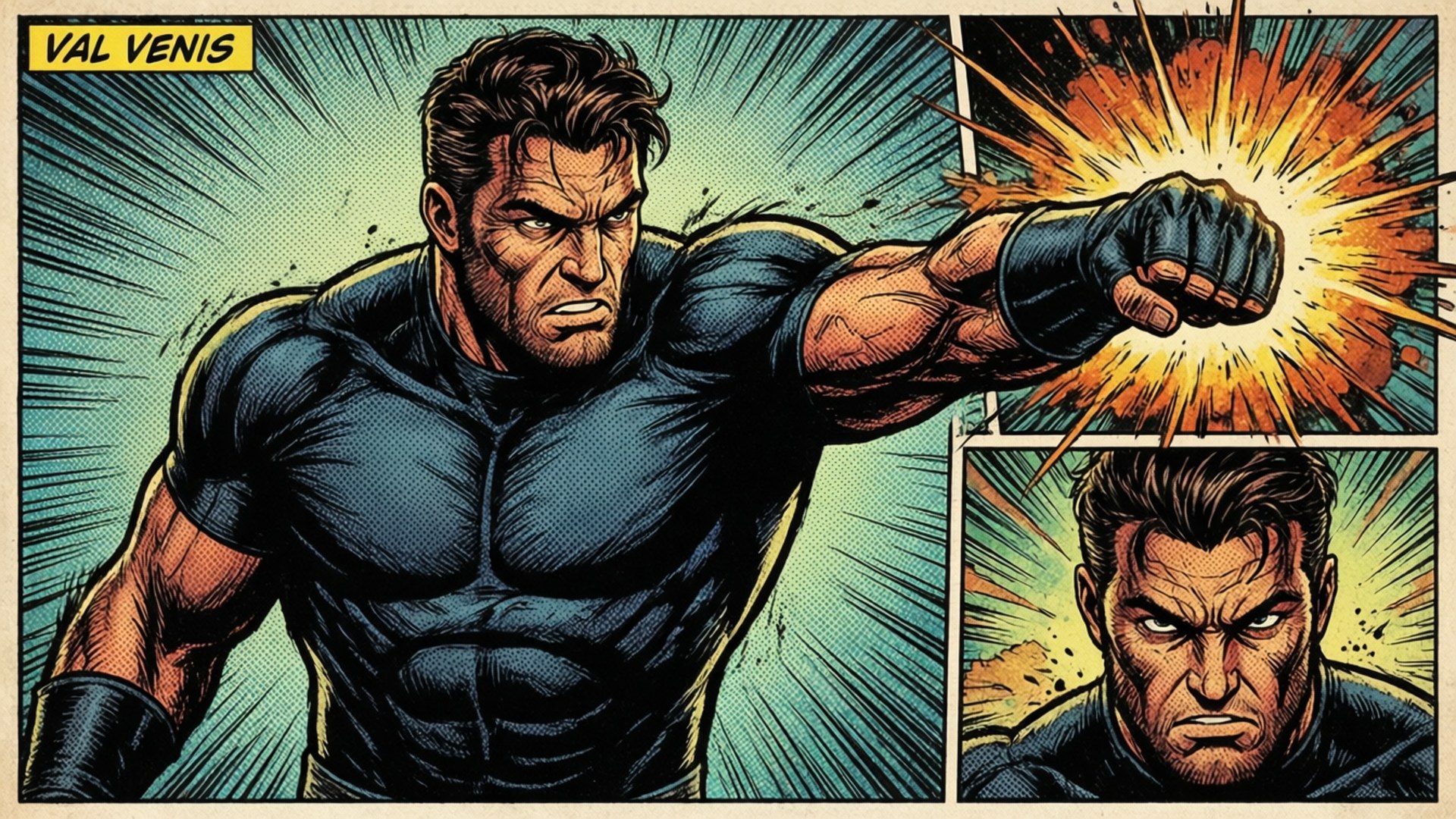Comic Hero 壁紙 — 一個肌肉發達的漫畫英雄穿著黑色西裝，在青綠色背景前以爆炸性的力量向前出拳。