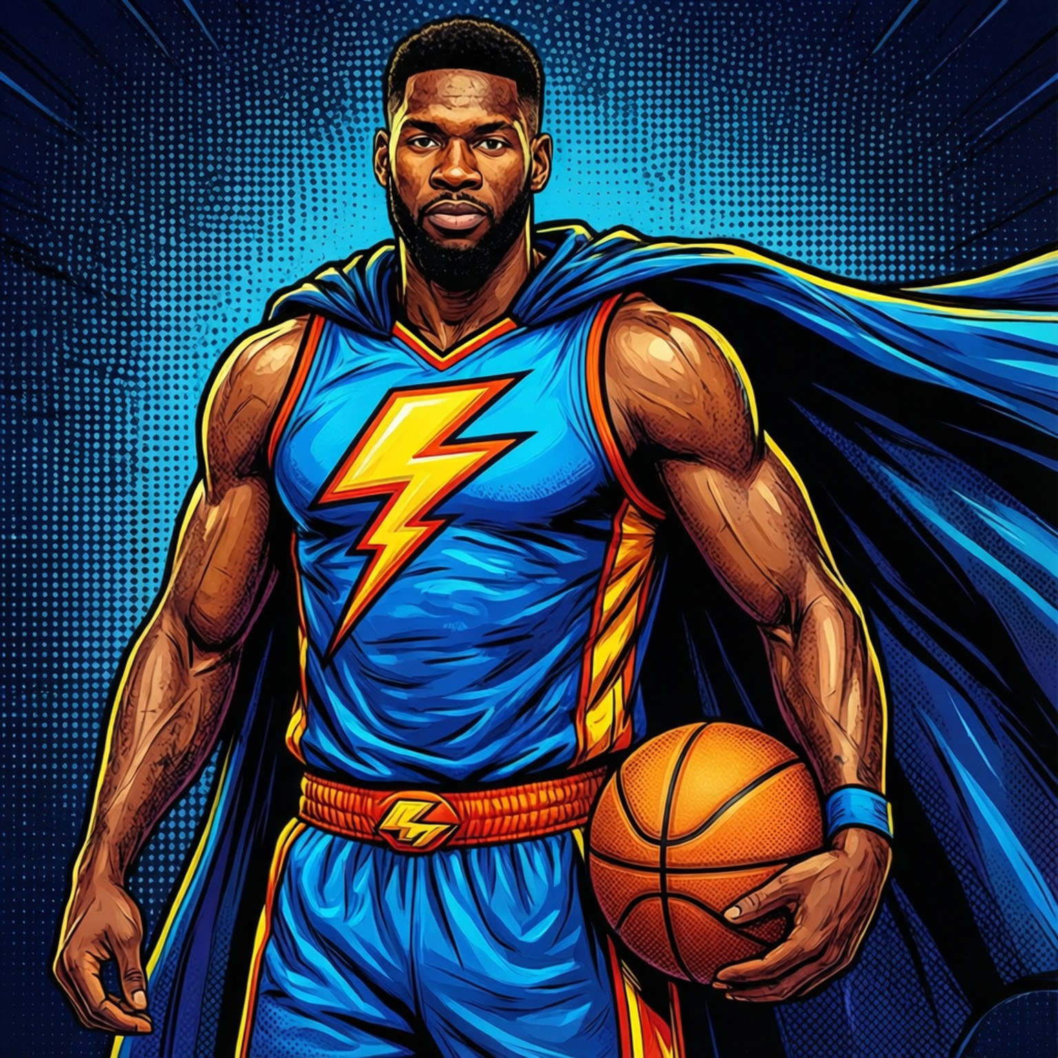 Superhero Adams 壁紙 — 一個肌肉發達的男人穿著帶有閃電標誌的藍色超級英雄球衣，在動態的藍色半色調背景前拿著籃球。