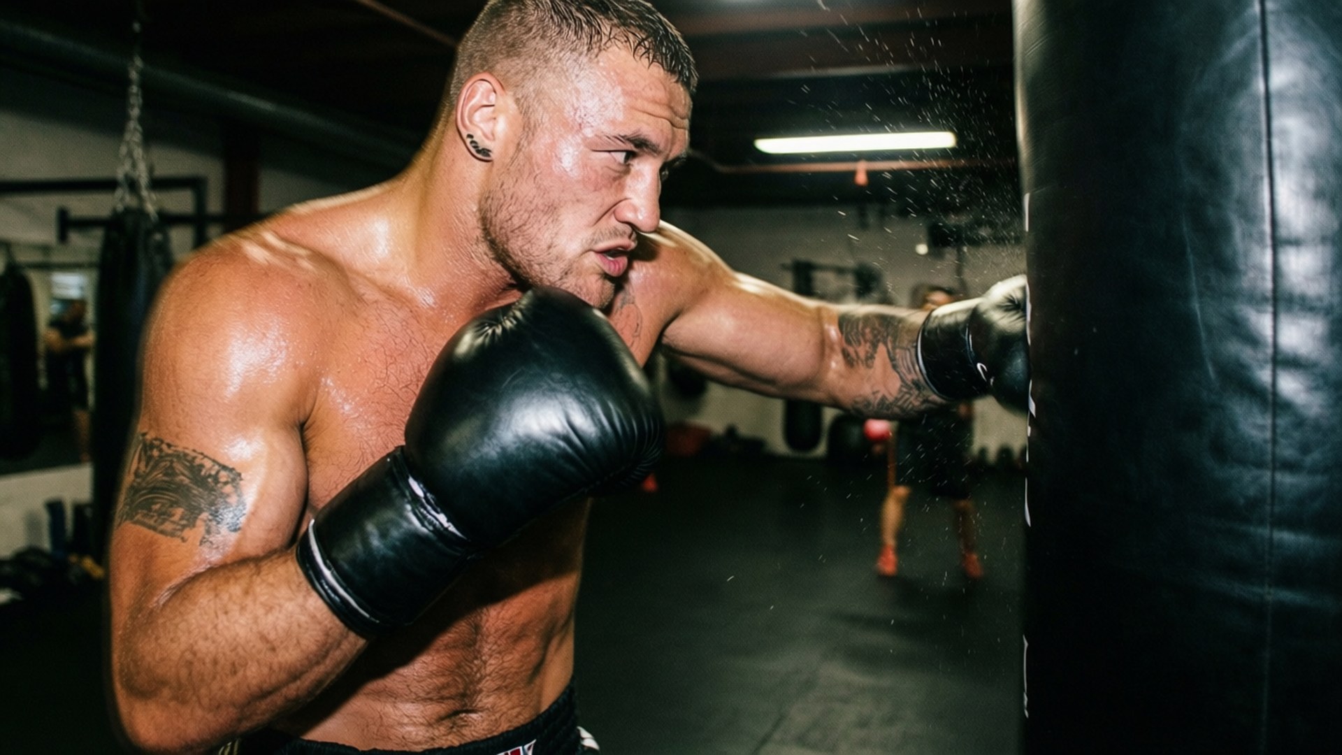 Fury Training Intensely 壁紙 — 一個肌肉發達的男人戴著黑色拳擊手套，在燈光昏暗的健身房中對重型沙袋猛烈出擊，汗水飛濺。