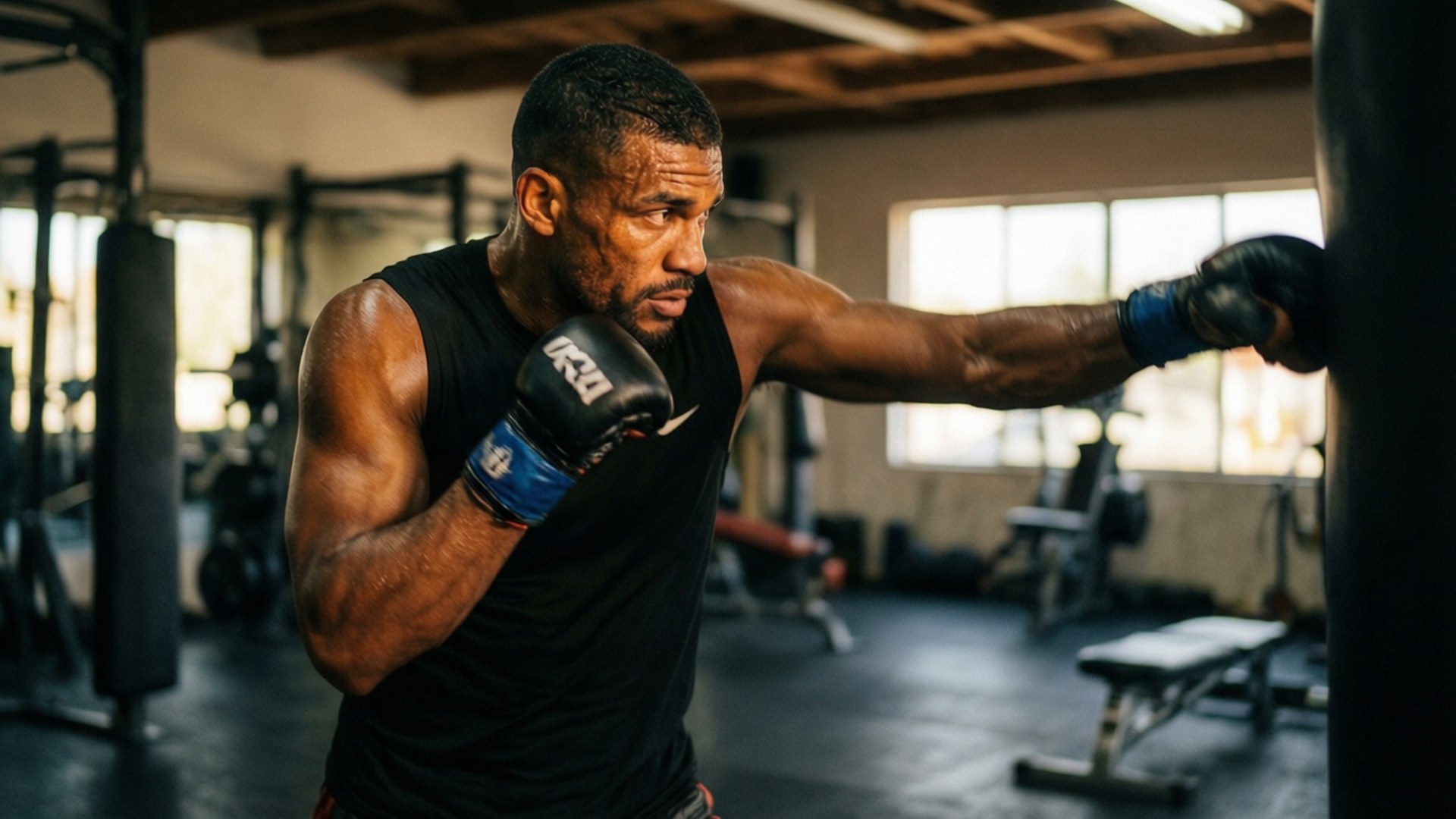 Shadow Boxing 壁紙 — 一個肌肉發達的男人戴著黑色拳擊手套，在陽光充足的健身房裡，對著一個重型沙包揮拳，周圍有裸露的橫樑和設備。