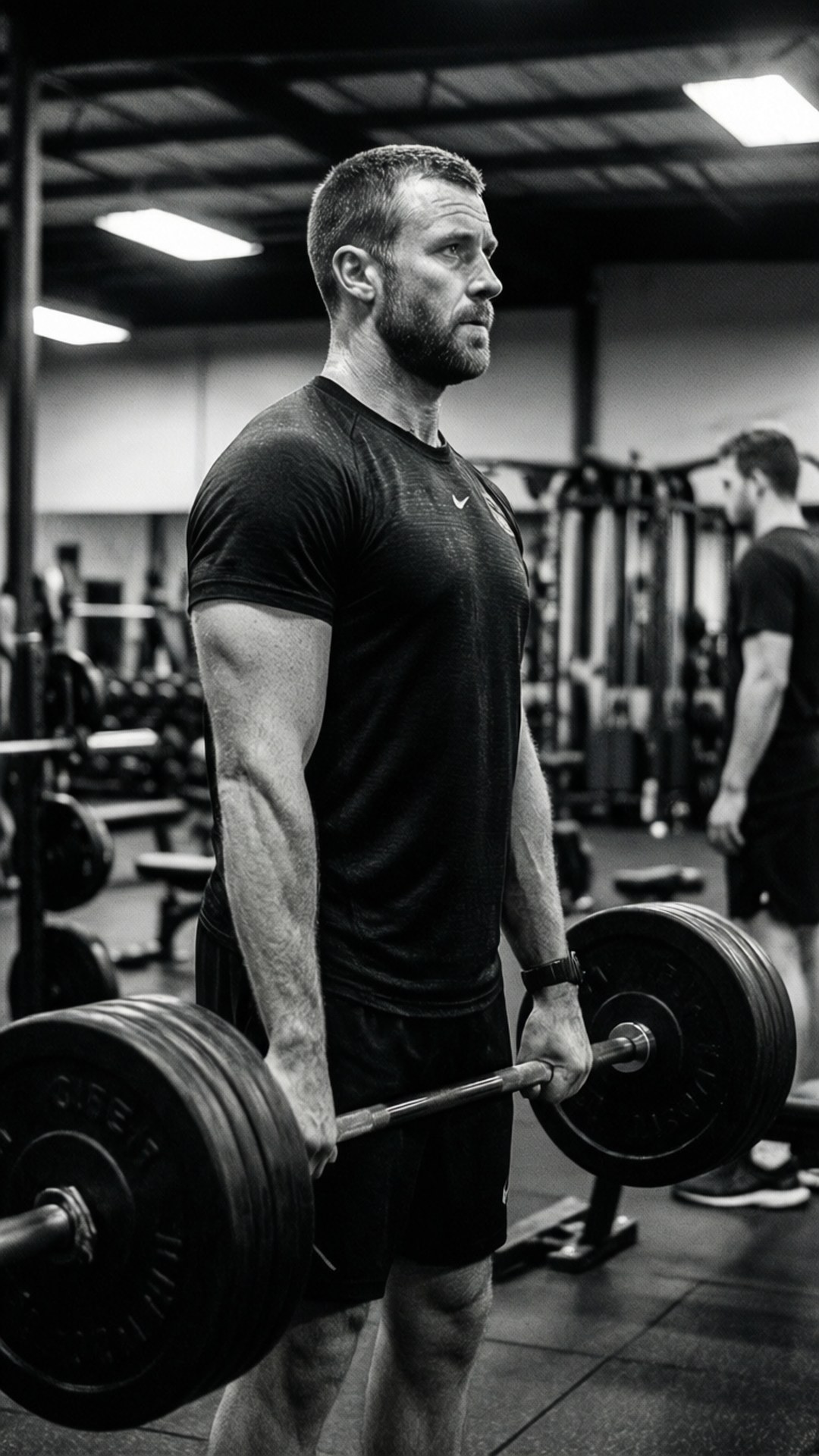 Training Hard 壁紙 — 一個肌肉發達的男人在健身房裡拿著沉重的槓鈴，專注的側面黑白照。