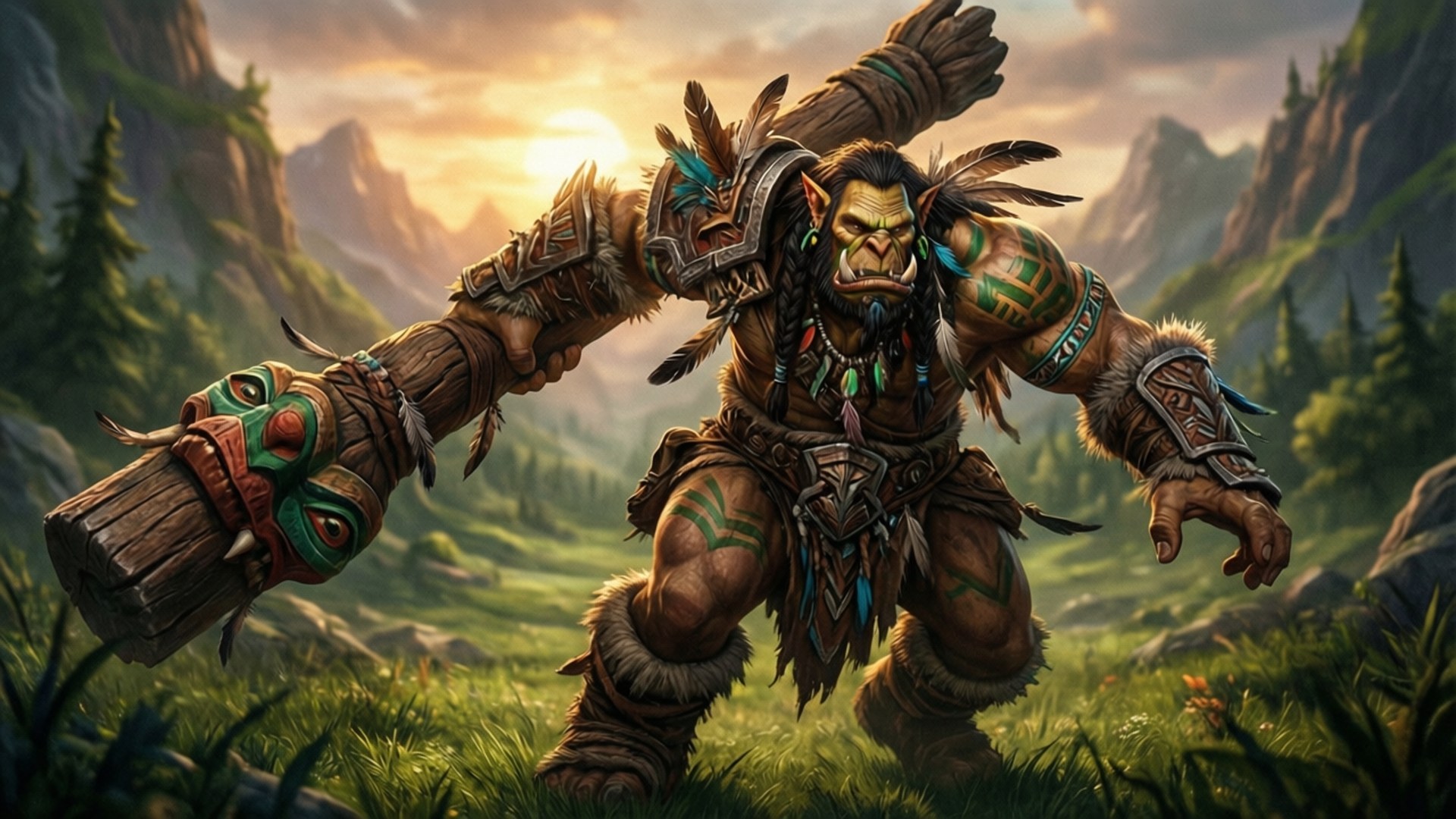Tauren Charge 壁紙 — 一個肌肉發達的獸人戰士，身穿羽毛盔甲，手持部落戰鎚，在日落時分的山林中挑釁地站立。