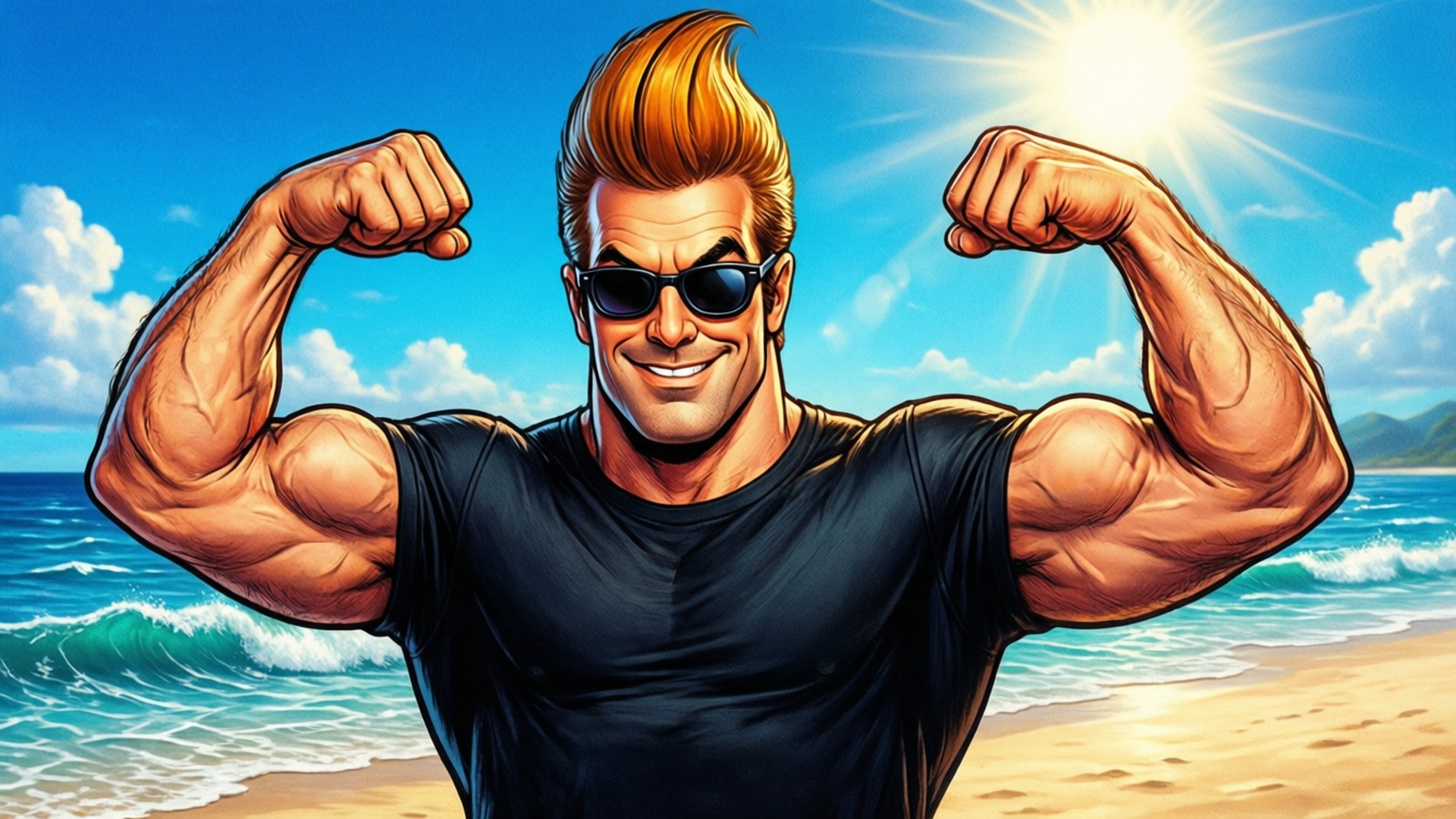 Johnny Bravo 桌布 壁紙 — 一個肌肉發達、金色蓬巴杜髮型、戴著太陽眼鏡的男人，在陽光明媚的海灘上彎曲雙臂，身後是海浪和藍天。