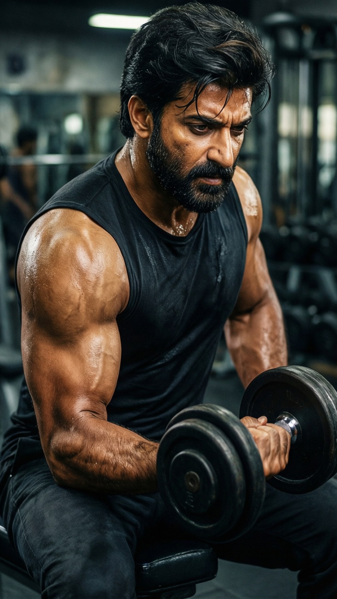 Intense Gym Workout 壁紙 — 一個肌肉發達、留鬍鬚的男人，在健身房舉啞鈴時，汗水在手臂上閃閃發光。