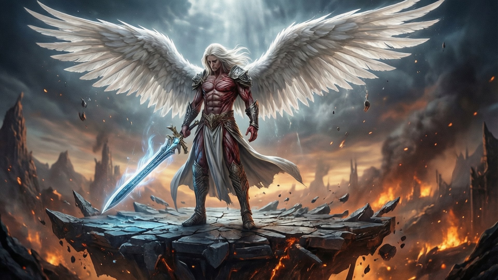 Tyrael's Judgment 壁紙 — 一個肌肉發達、長著白色翅膀的天使站在破碎的石台上，高舉發光的劍，下方是燃燒的末日景象。