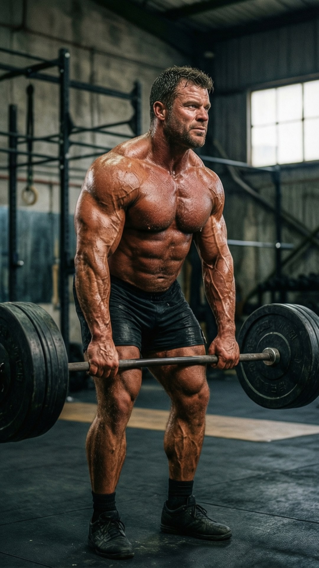 Strength Training 壁紙 — 一個肌肉線條分明的男人，汗水在他結實的身軀上閃閃發光，在粗獷的工業風健身房舉起沉重的槓鈴。