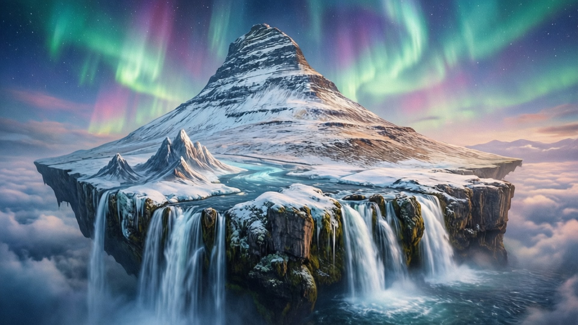 Floating Mountain Dream 壁紙 — 一個積雪的山島漂浮在雲層之上，瀑布從懸崖傾瀉而下，天空中有 vibrant 的北極光。