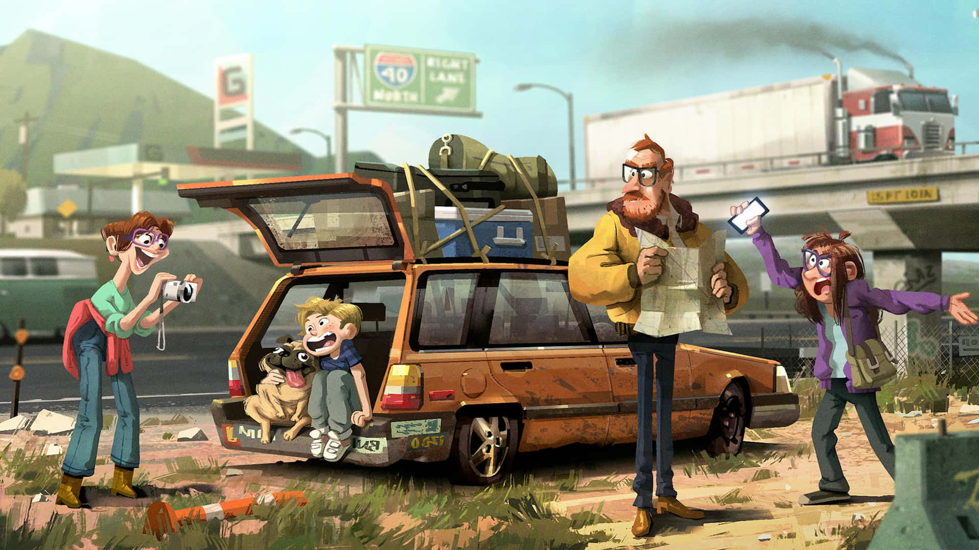  壁紙 — 一個家庭帶著一隻狗和一輛裝滿行李的汽車，興奮地站在高速公路天橋下的路邊休息站。