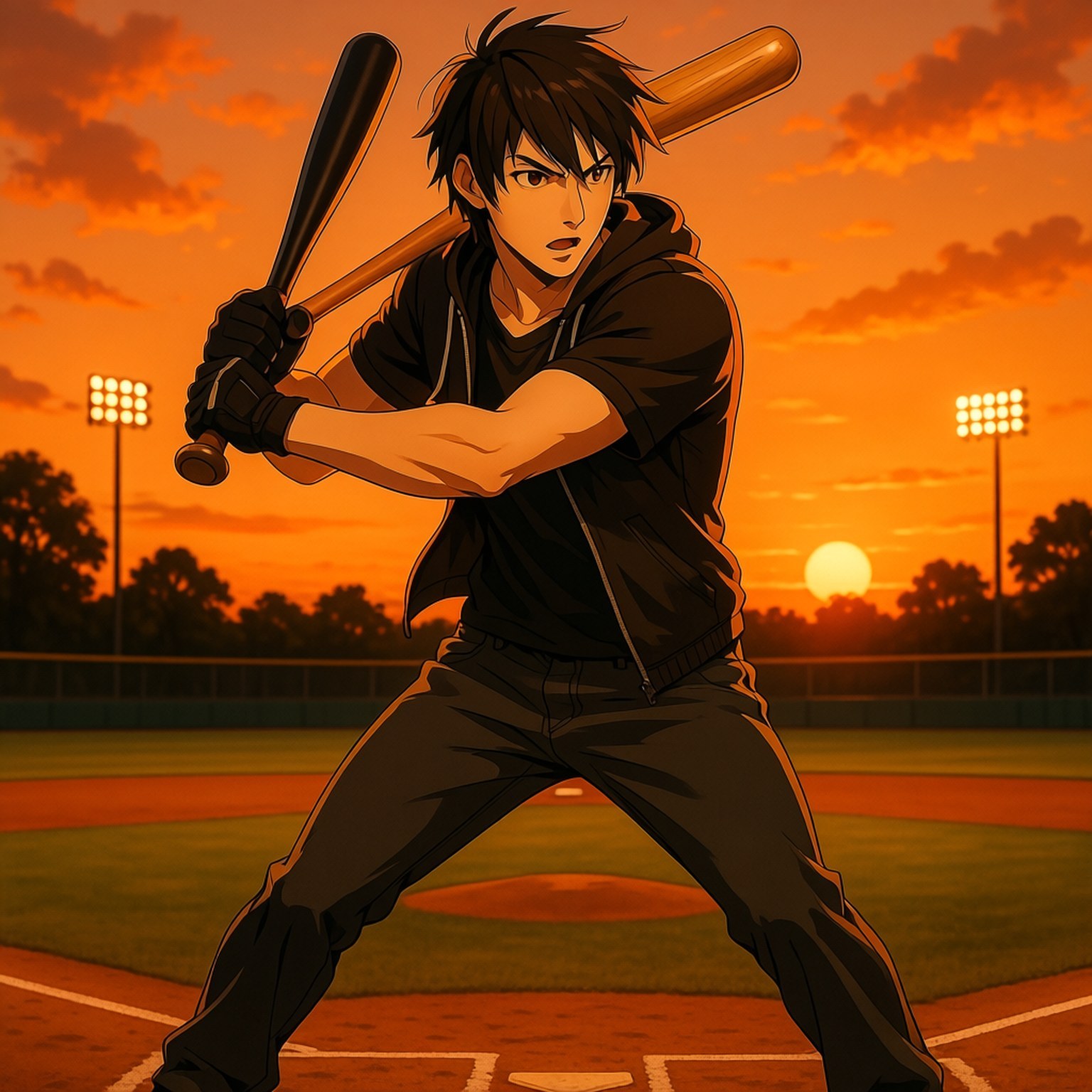 Bat Swing at Dusk 壁紙 — 一個堅定的動漫棒球選手站在本壘板，在熾熱的橙色夕陽下握著兩根球棒。