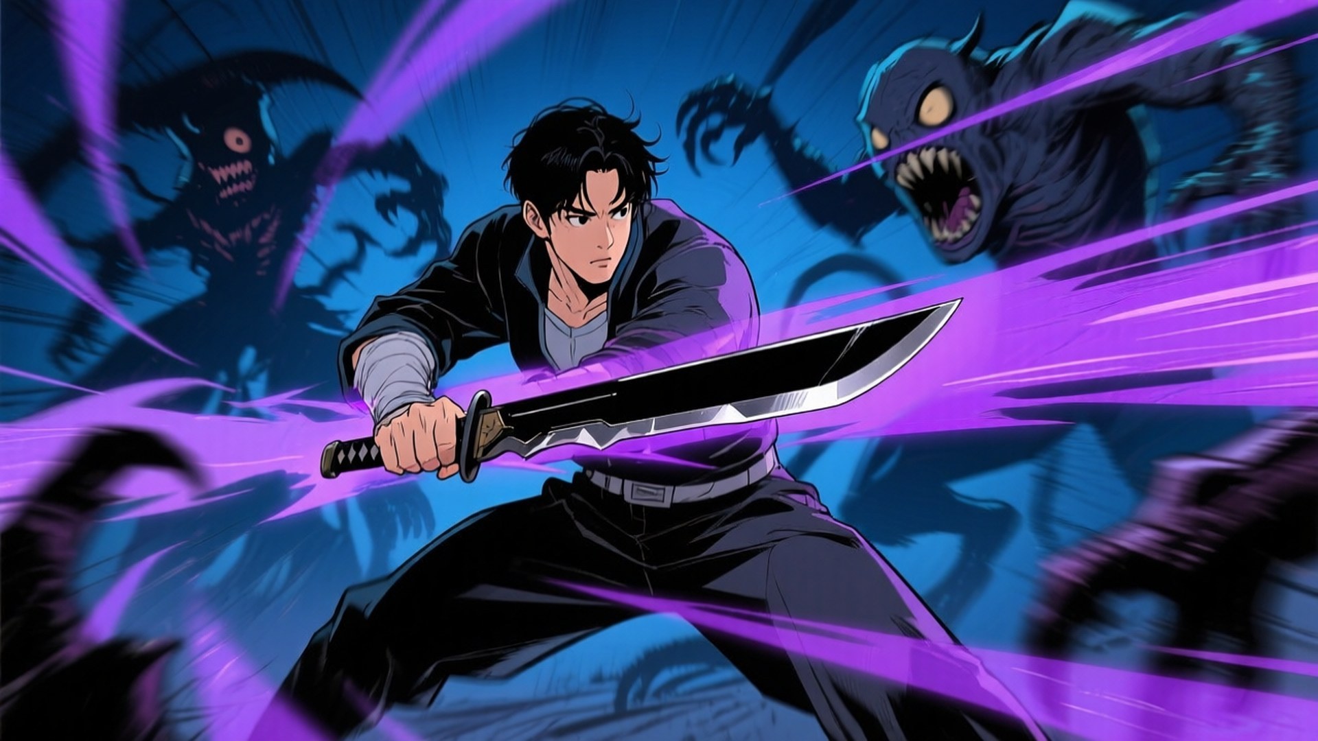 Dagger Slash Action 壁紙 — 一個堅定的動漫戰士用發光的紫色劍斬向怪獸般的黑暗生物，在動態的戰鬥場景中。