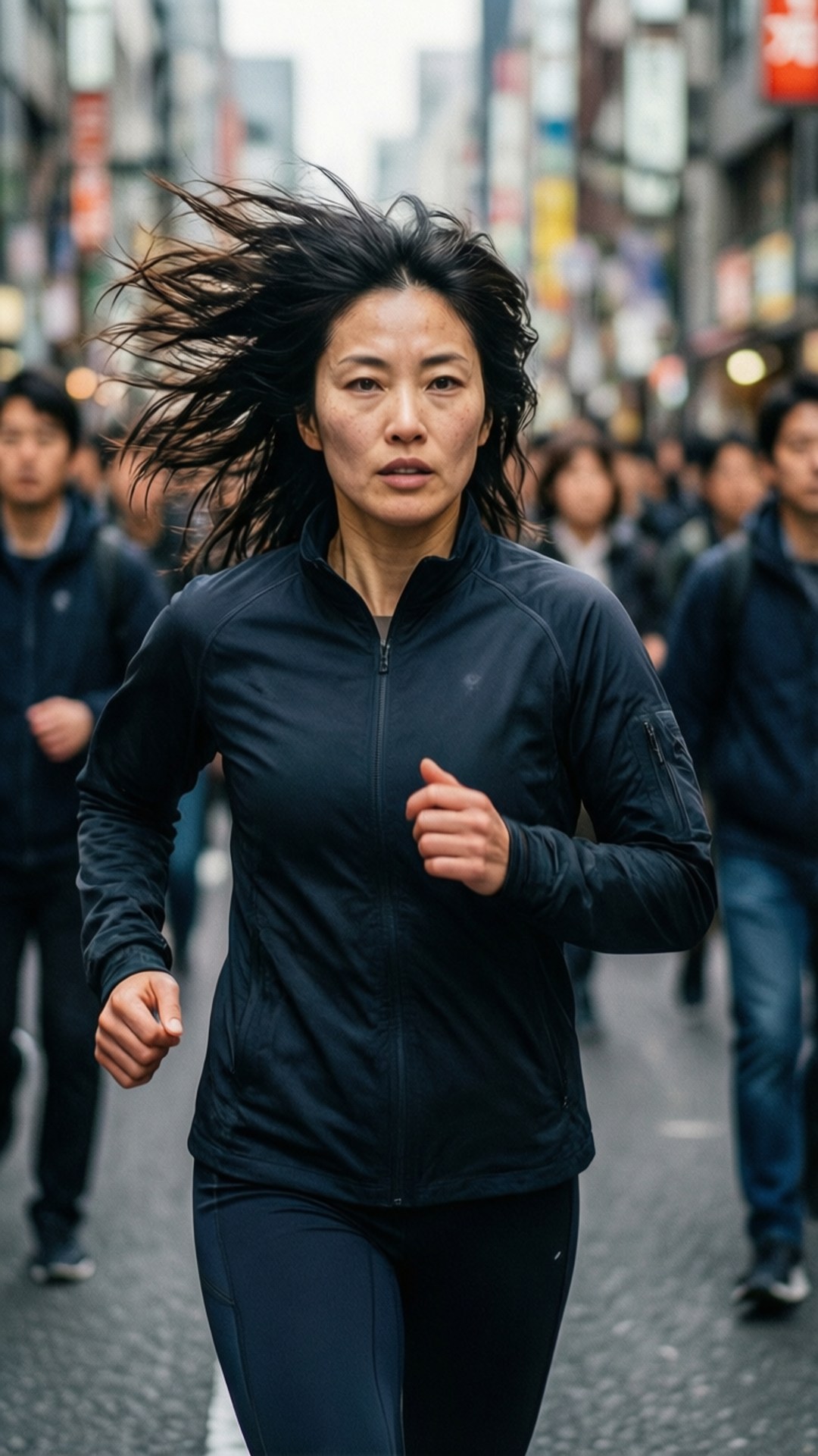 Kana's Chase 壁紙 — 一個堅定的女人跑過繁忙的城市街道，她的黑髮飛揚，帶著目標向前移動。