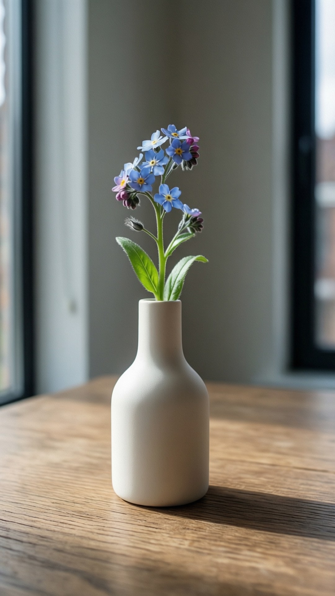 Minimalist Forget-Me-Not 壁紙 — 一個簡約的白色花瓶，在窗邊陽光照射的木桌上插著精緻的藍色勿忘我。
