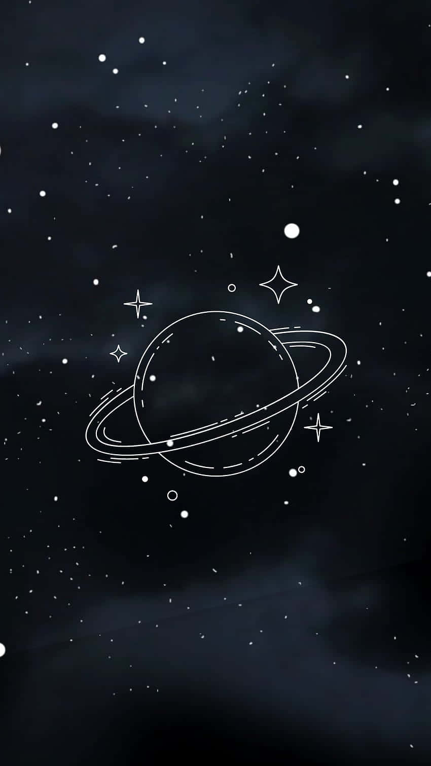  壁紙 — 一個簡約風格的白色線條繪畫，描繪一個帶有光環的行星，周圍環繞著閃爍的星星，背景是黑暗的宇宙。