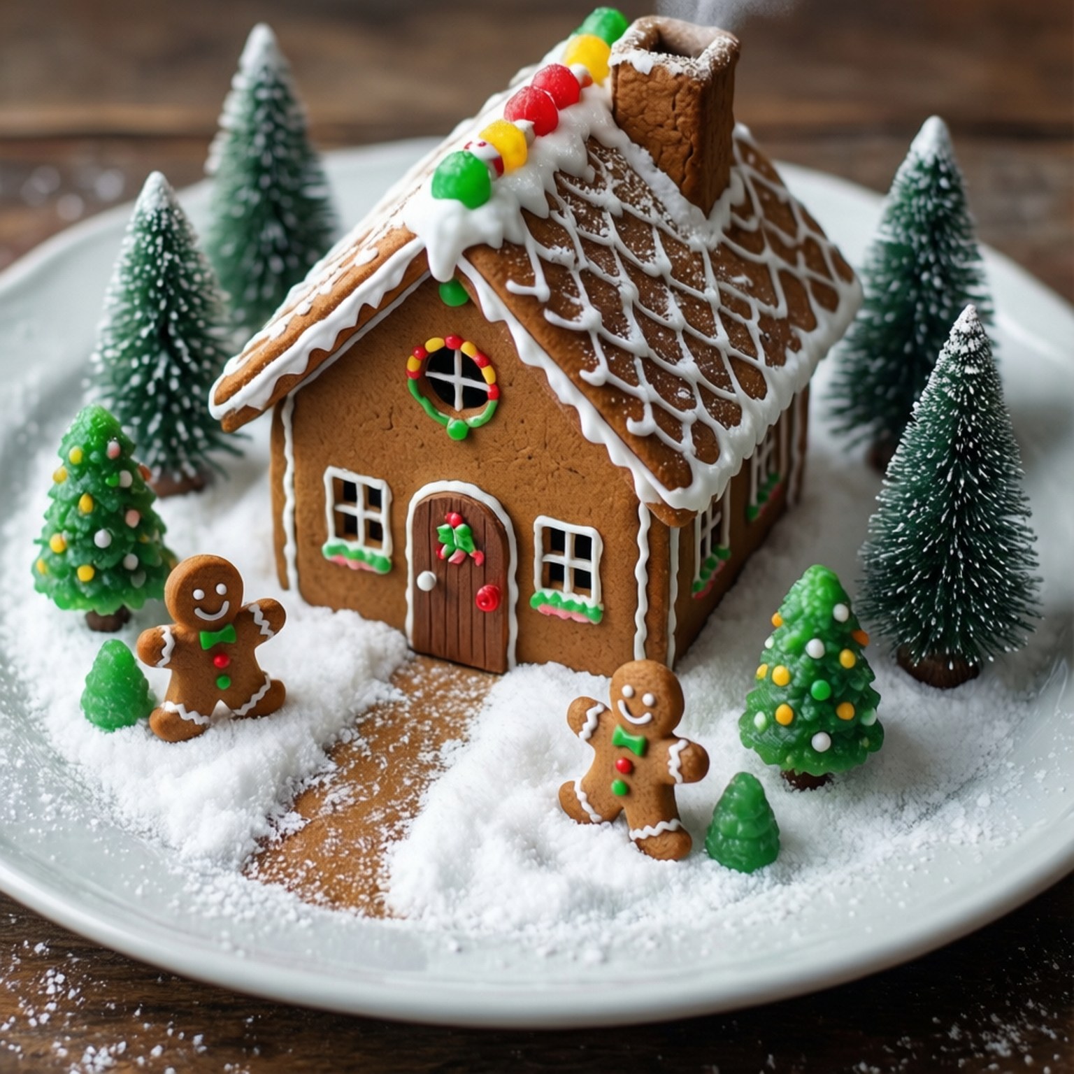 Mini Gingerbread Village 壁紙 — 一個節日薑餅屋，上面有白色糖霜和糖果裝飾，放在一個雪白的盤子上，周圍有迷你聖誕樹和薑餅人。