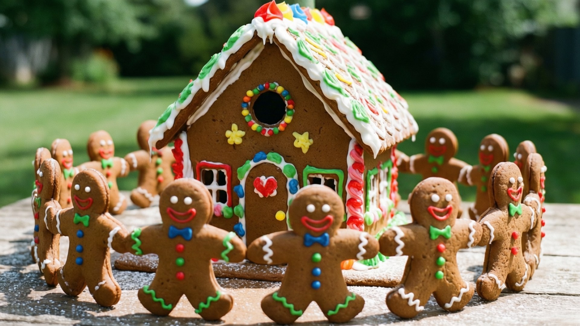 Gingerbread Men Gathering 壁紙 — 一個節日薑餅屋，飾有彩色糖霜和糖果，周圍有微笑的薑餅人，放在木桌上。